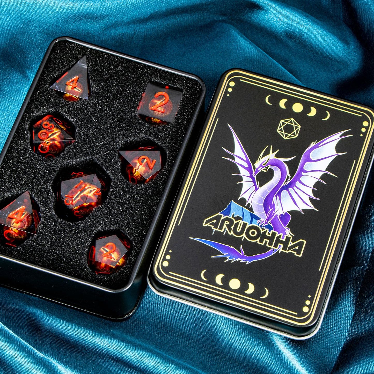 ARUOHHA DND Resin Dice Gazes Eye Dice Liquid Core Flaming RPG Sharp Edged Dice Set with Gift Box, Polyhedral D and D Dice Set Compatible with Dungeons Dragons Role Playing Game D20 D12 D10 D8 D6