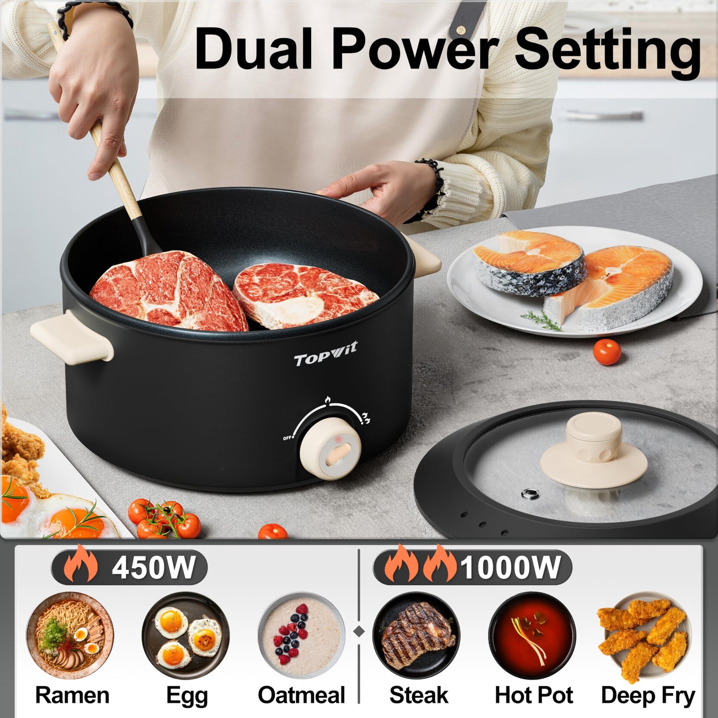 TOPWIT - 4.2 Quart Electric Pot with Non-Stick Coating, Dual Power Frying, Steak, Pasta, Multifunctional Large Capacity Shabu Shabu for Parties
