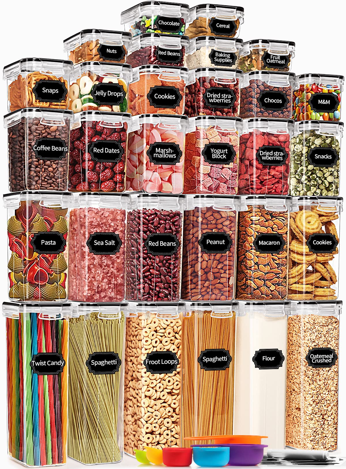 PRAKI 30 Pack Airtight Food Storage Containers for Kitchen Pantry Organizers and Storage, BPA-Free, Plastic Storage Canisters with Lids-Cereal, Flour and Sugar, Include 40 Labels, 6 Spoon & Marker