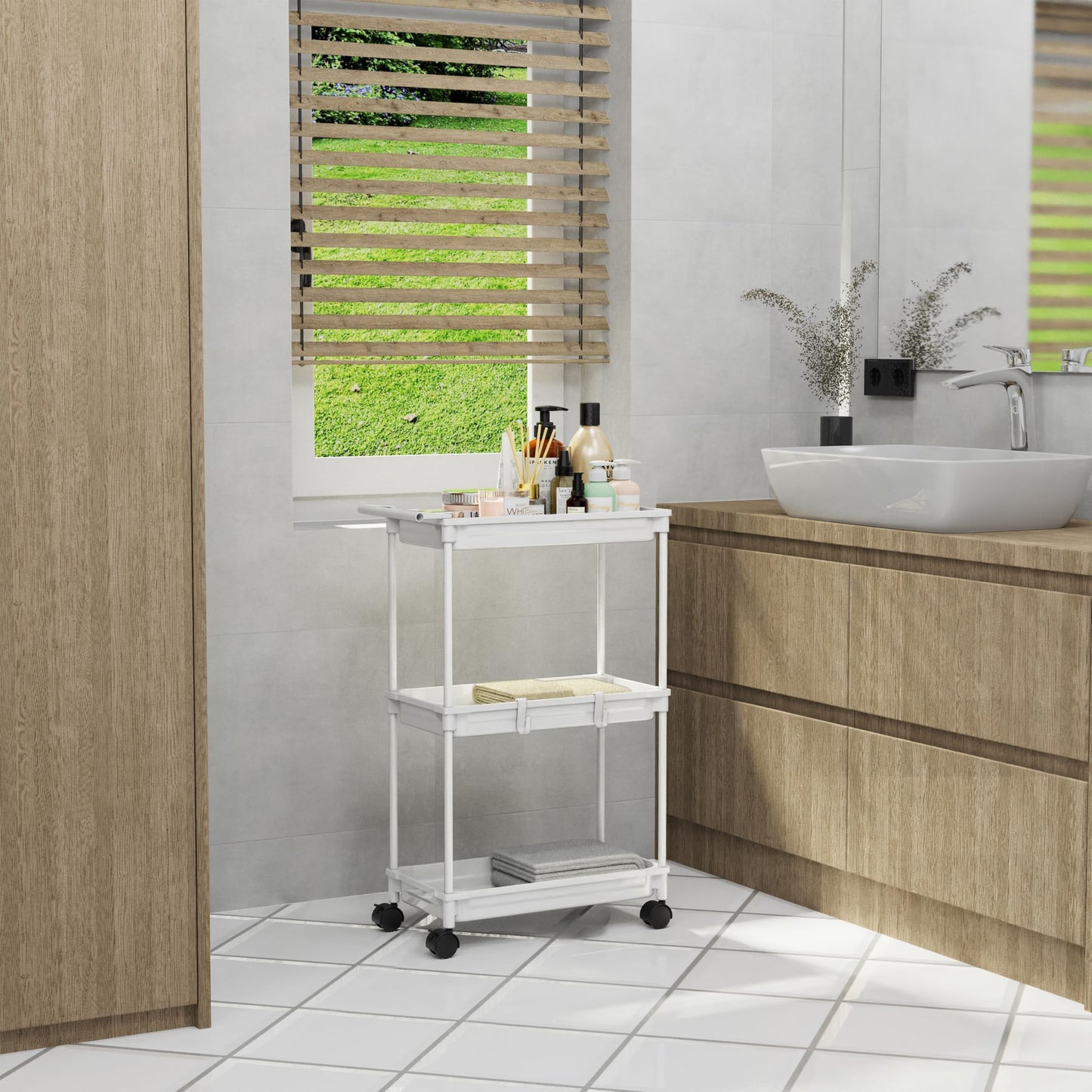 Simple Houseware 3-Tier Slim Storage Cart - Narrow Rolling Utility Cart on Wheels for Tight Spaces - Bathroom, Kitchen & Laundry Organizer, White