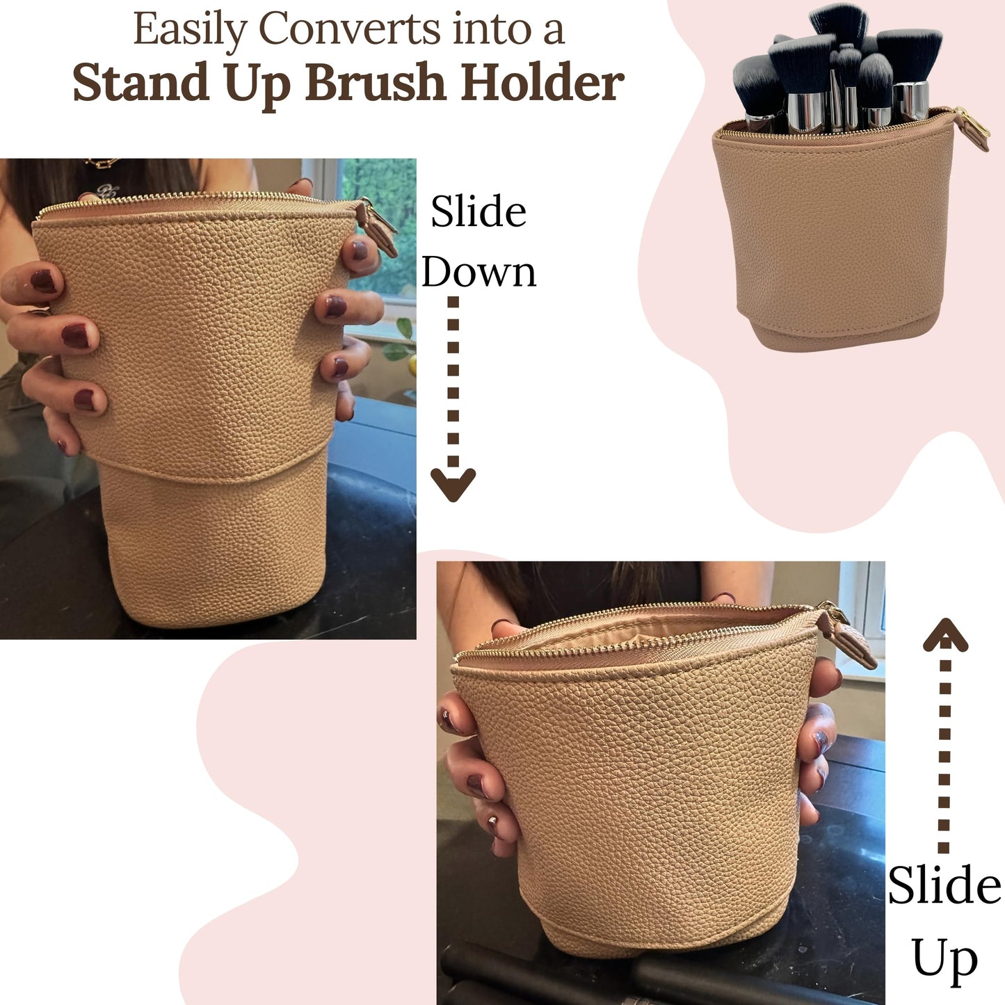 JAZD Travel Makeup Brush Bag Standup Brush Holder Portable Convertible Make up Brush Pouch Cosmetic Case, BLACK, Minimalist Multipurpose