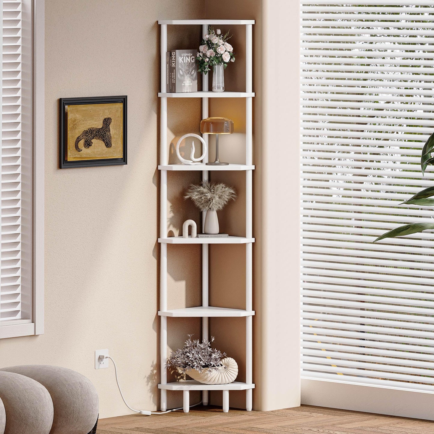 6 Tier Corner Shelf, 66.5'' Tall Standing Shelf, Narrow Display Shelf Stand, Modern Corner Bookshelf, Plant Stand, Corner Bookcase for Living Room, Bedroom, Bathroom, White CALCS502W