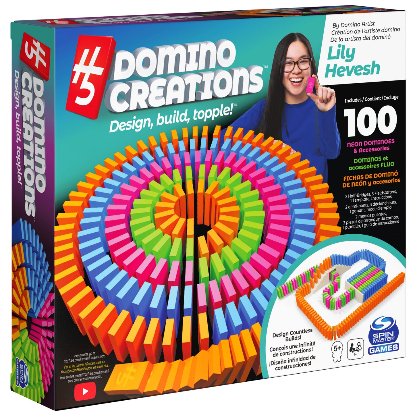 H5 Domino Creations 100-Piece Neon Set by Lily Hevesh, for Families and Kids Ages 5 and up