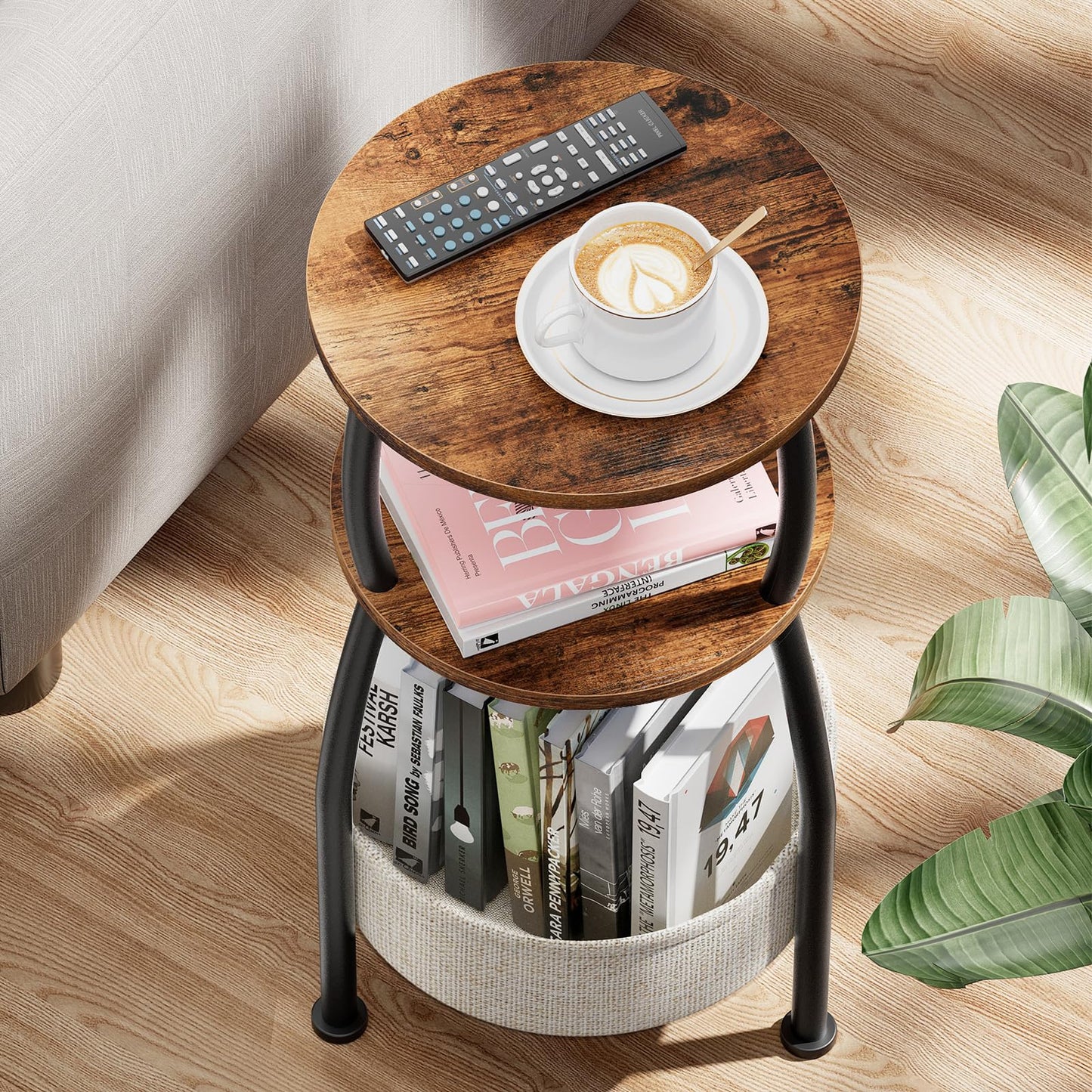 Yuede Side Table Living Room with Storage Basket, Round End Table 3-Tier Accent Nightstand Sofa Corner Table for Small Spaces, Bedroom, Narrow Spaces Coffee Table Rustic Brown