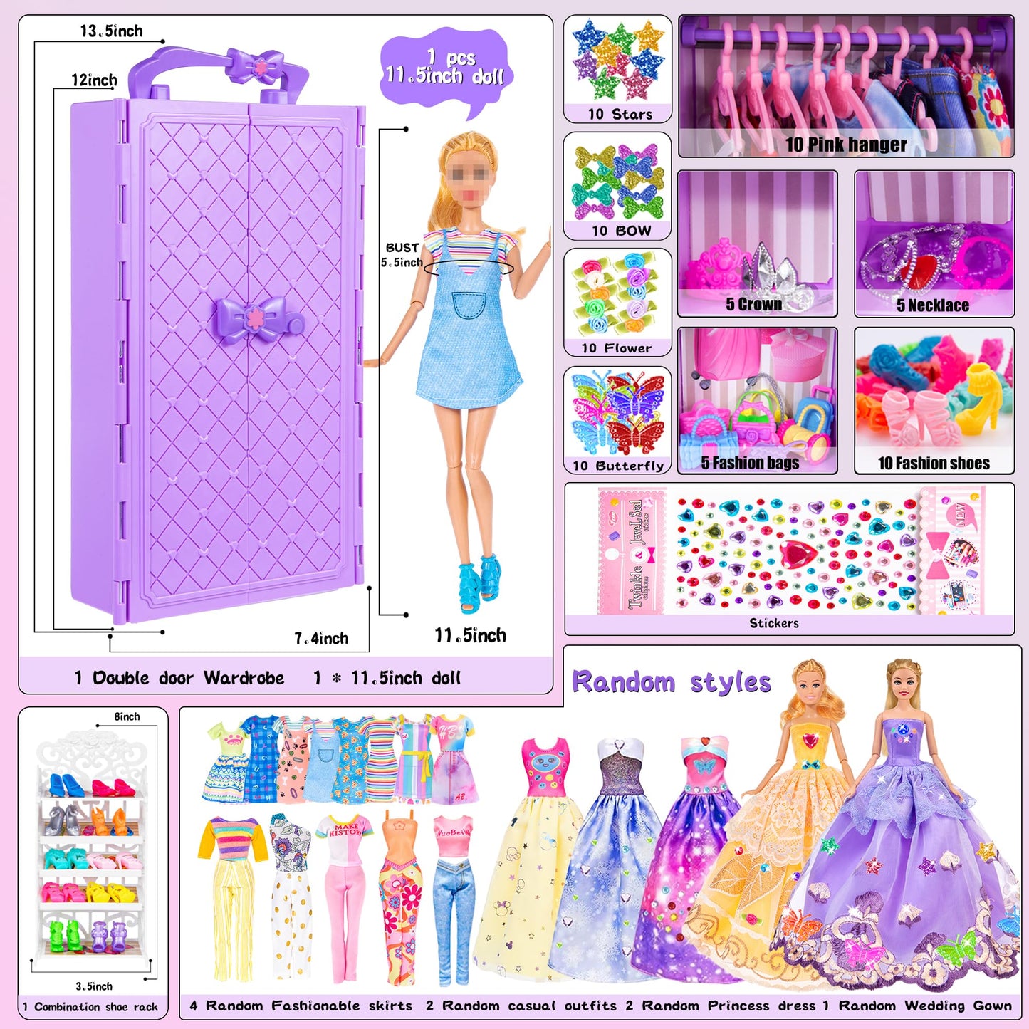 Doll and Accessories Doll with Closet Including-one 11.5 inch Girl Doll, 9 Looks, Rack Dress Shoes Hangers Necklace and Other Accessories