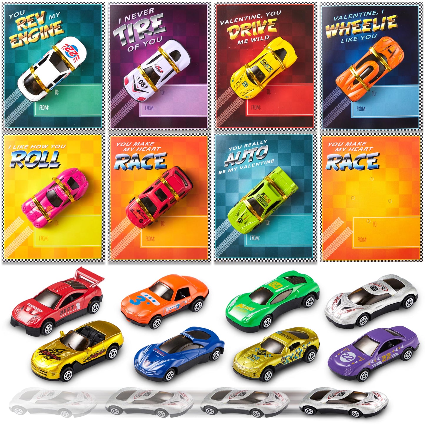 JOYIN 28-Count Valentines Day Cards with Die-Cast Racing Cars for Classroom Exchange