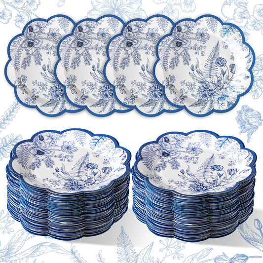 100 Pcs Blue Floral Paper Plates Disposable Dessert Baby Bridal Shower Party Supplies Floral Dessert Plates Bulk Birthday Tea Party Serving Tray for Wedding Birthday Supplies