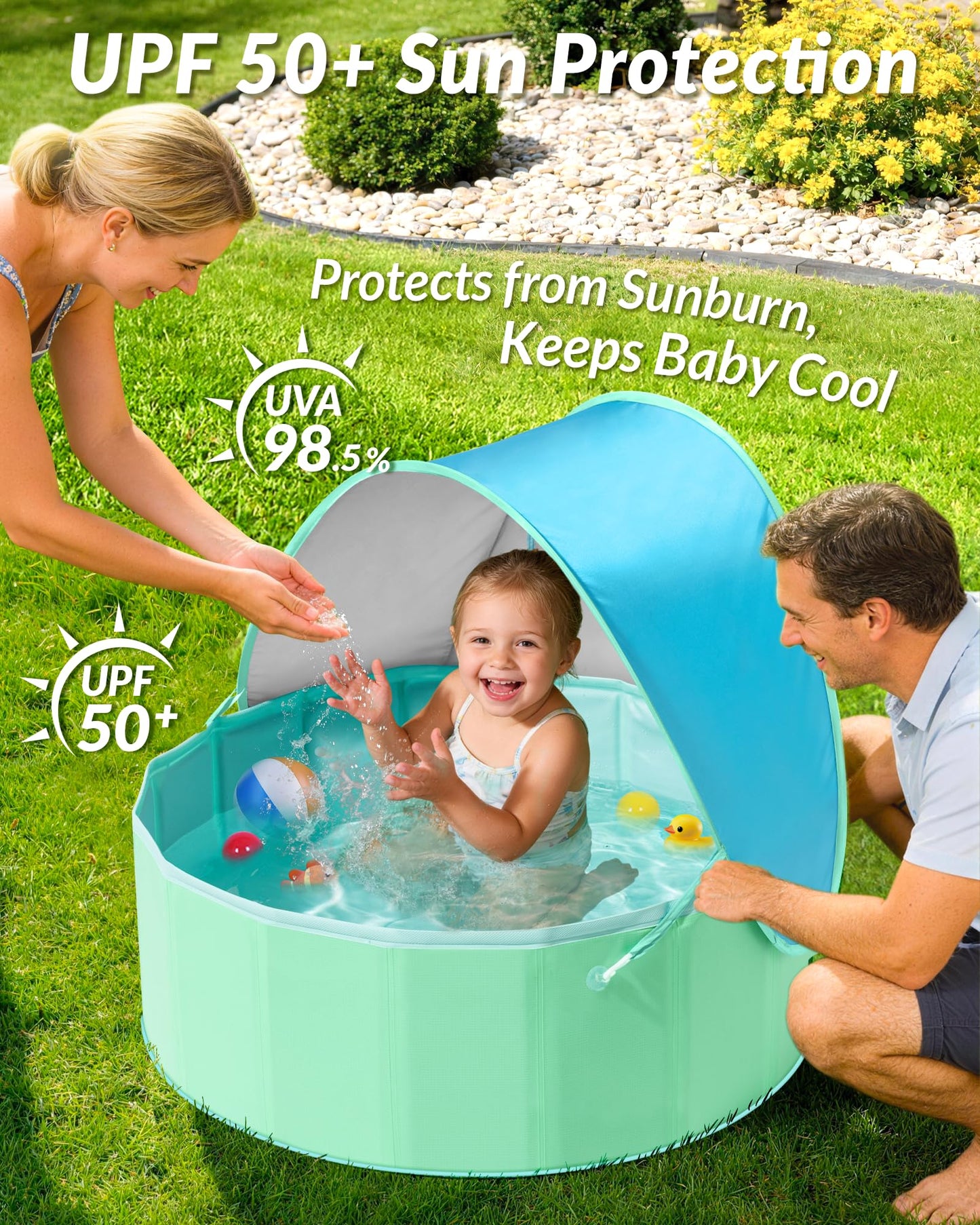 Hikiddy Foldable Kiddie Pool with Canopy: 31.5in Baby Pool (Blue&Mint, 31.5in)