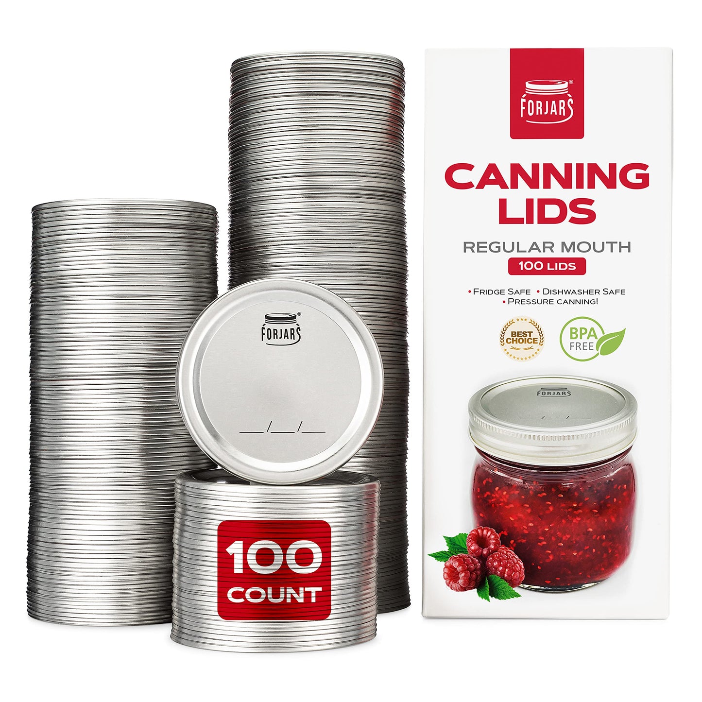 FORJARS - Canning Lids Regular Mouth, 100-Pack – Create Airtight Seals on Mason Jars to Preserve Food for Meal Prep & Food Storage – 2.7 In. Steel Lids with Silicone Seals – Canning Supplies