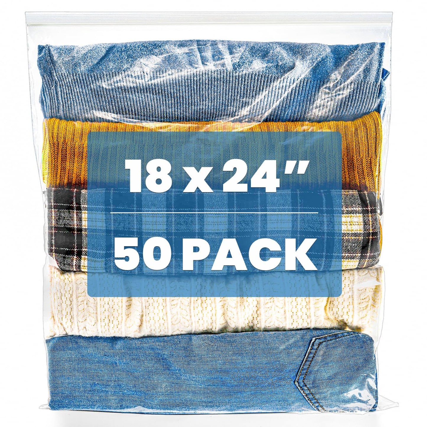 Elsjoy 50 Pack 18" x 24" Large Reclosable Storage Bags, 5 Gallon Resealable Zipper Plastic Bags for Clothes, Clear Reusable XL Zip Bags for Moving, Food, Clothing