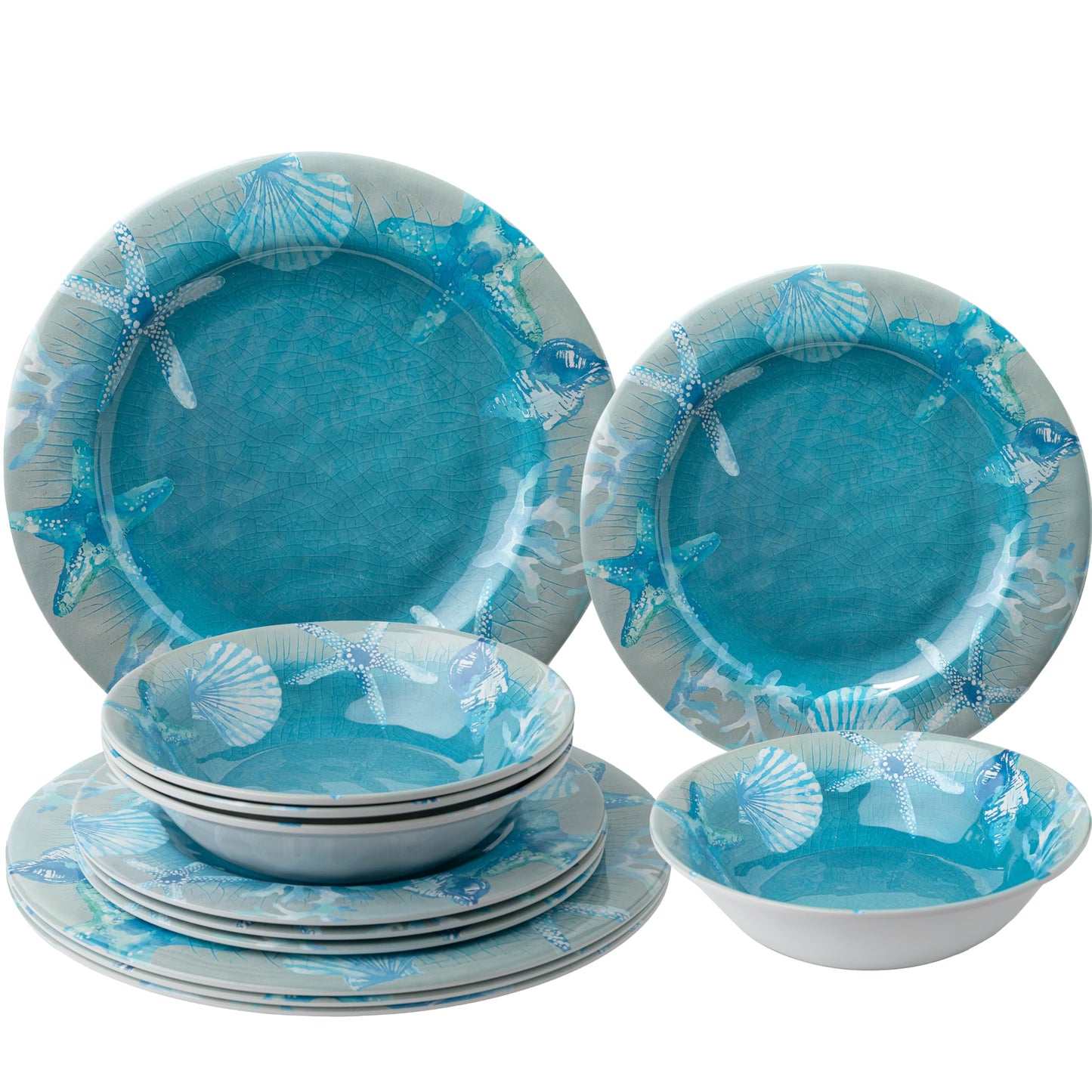 Melamine Dinnerware set, Unbreakable Plates and Bowls Set, Lightweight Chip Resistant 12 Piece Dishes Set for 4 Great for Camper, RV, Indoors Outdoors Use with Ocean Printed