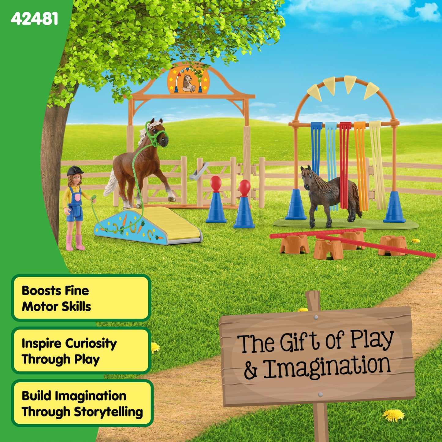 Schleich Farm World - 48PC Pony Agility Training Set with 2 Horse Figurines, Poseable Figure and Accessories - Horse Toys for Girls, Boys - Educational Animal Toys for Kids, Toddlers Ages 3+ | 42481