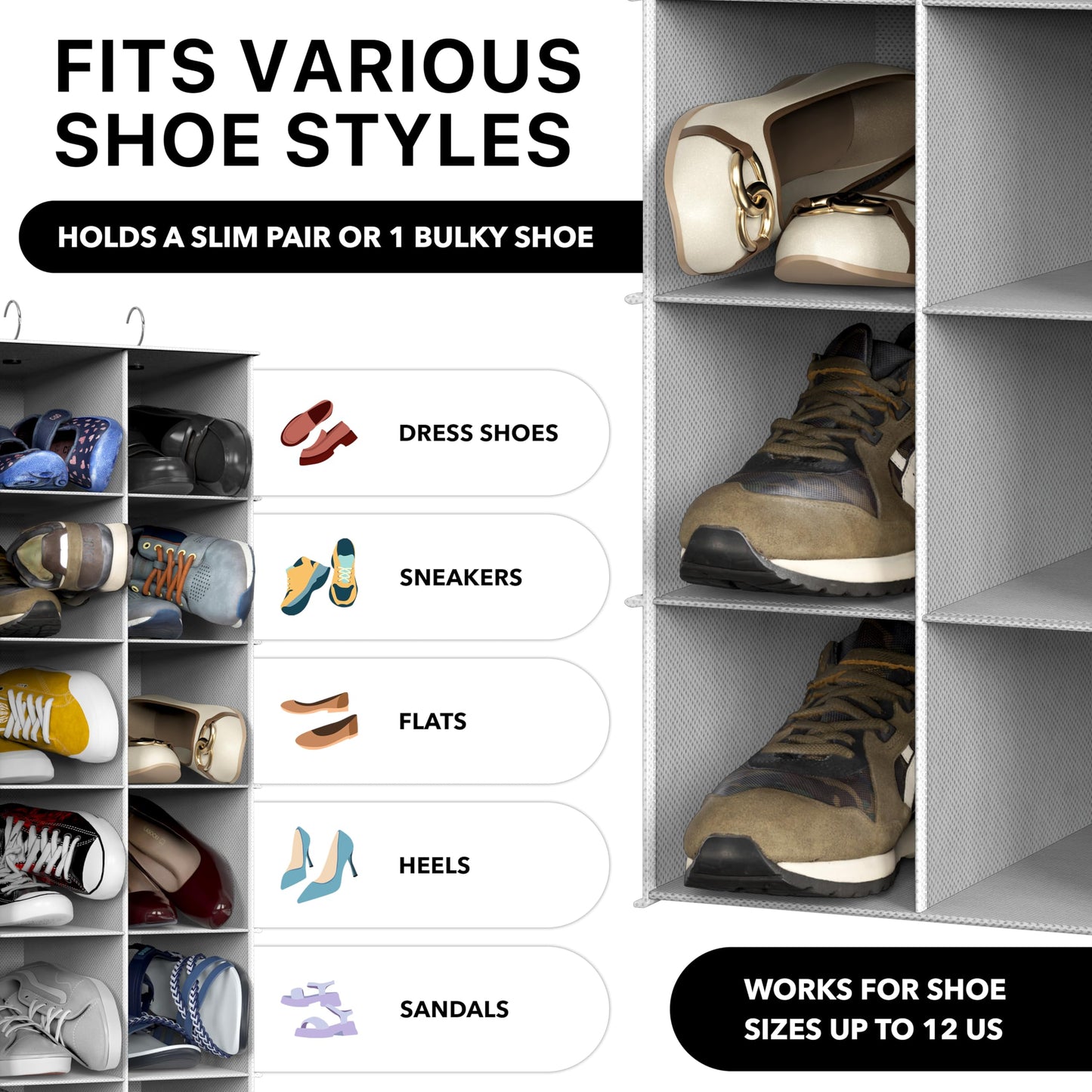 Simple Houseware Hanging Shoe Shelves Closet Organizer Storage, 24 Sections, Grey