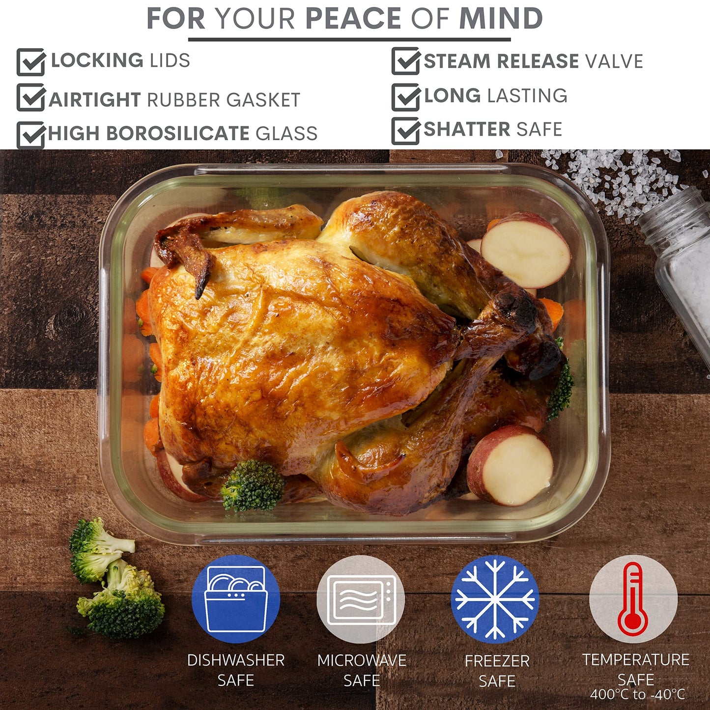 Razab 10 Cups/ 80 Oz 2 Pack Large Glass Container Food Storage with Lids - Leakproof, BPA-Free Large Meal Prep Container Ideal for Roasting Turkey, Store Leftover - Microwave & Oven Safe