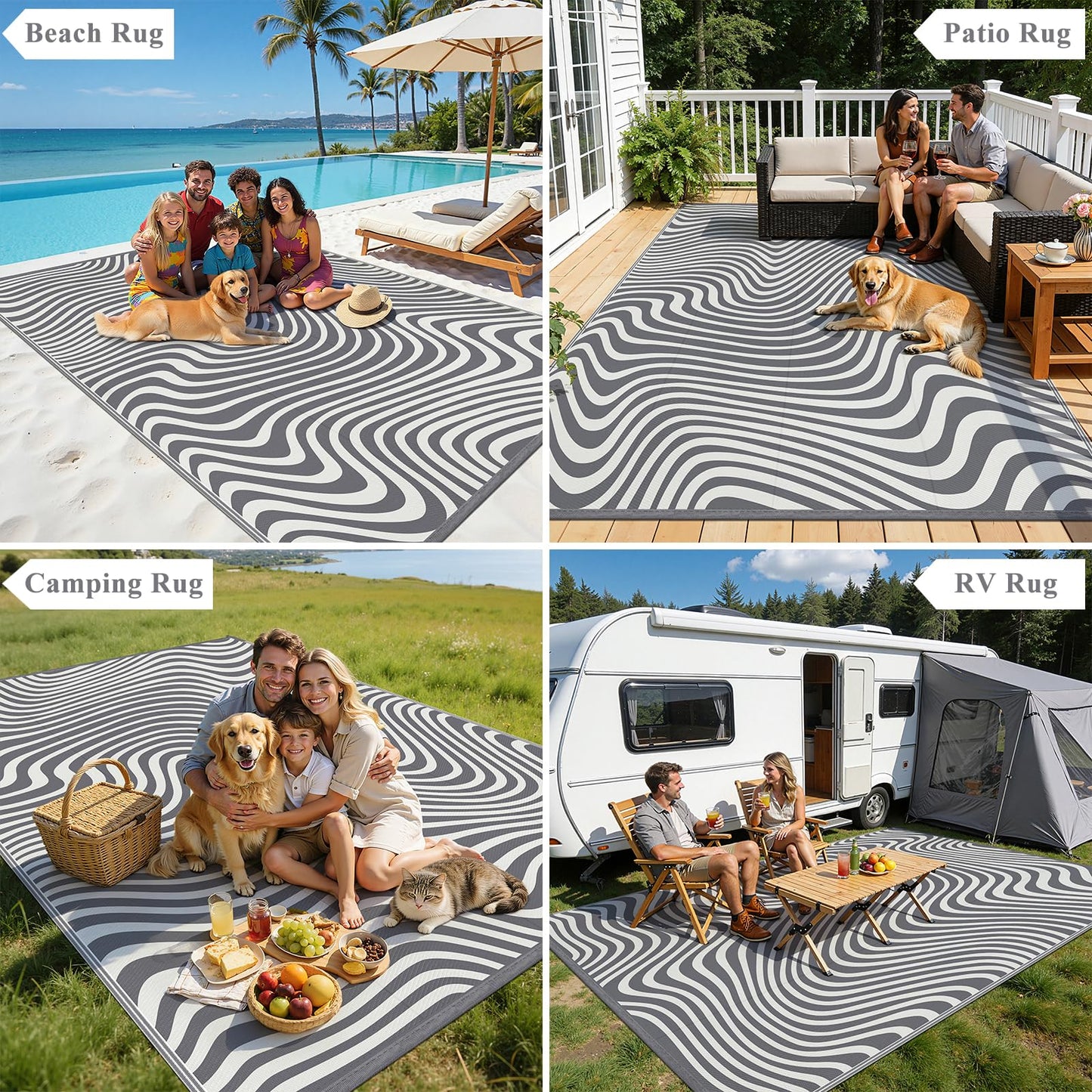 Vaukki Outdoor Patio Rug 8x10, Waterproof Woven Plastic Straw Camping Area Mat, Grey RV Striped Outside Reversible Carpet Clearance for Porch Backyard Deck Balcony