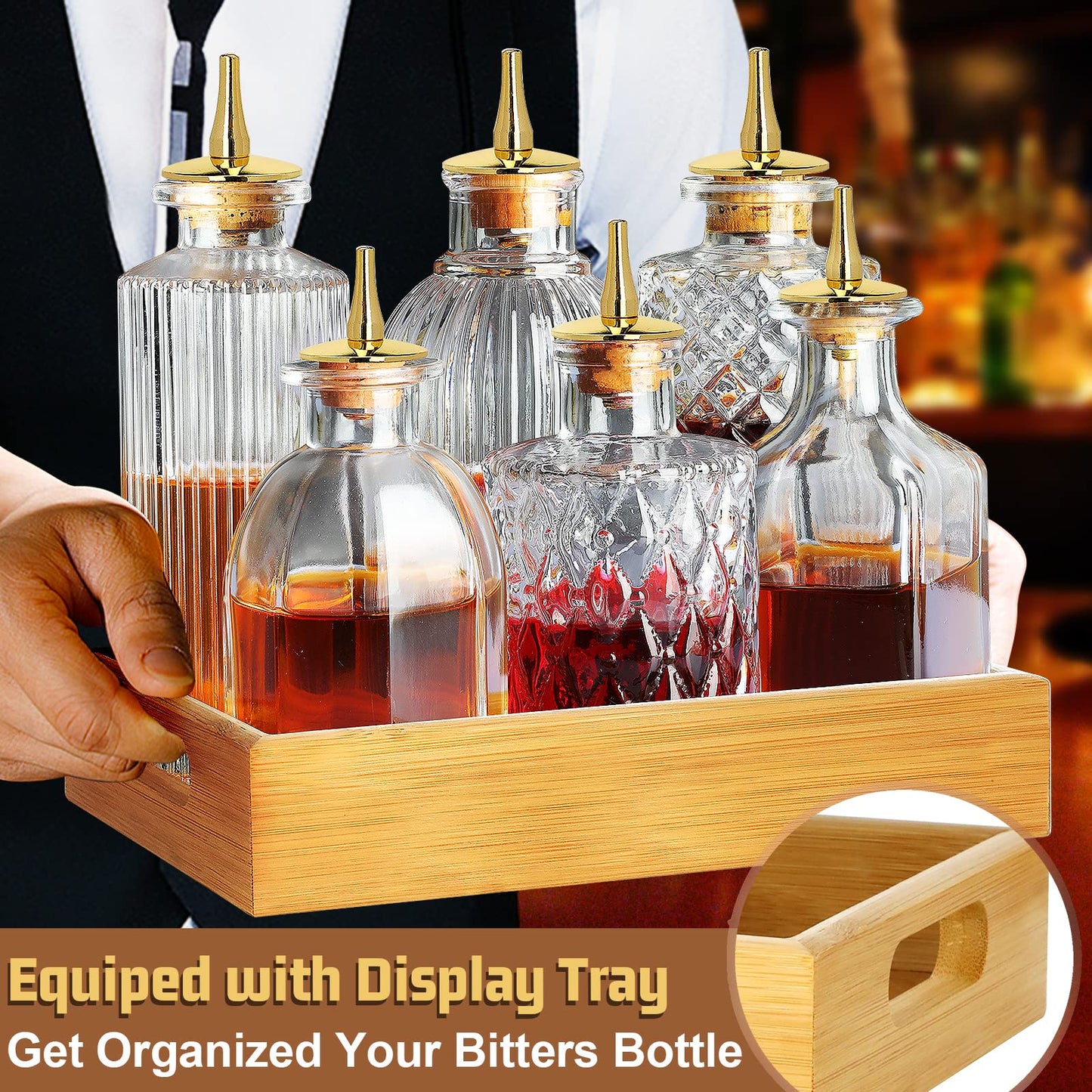 Bitters Bottle Set of 6 - Glass Dasher Bottles to Store and Dash Cocktail Bitter Ingredients Dispenser Bottles with Dash Top and Stoppers with Tray