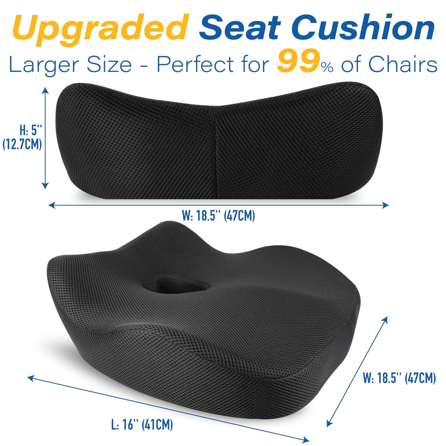 Car Seat Cushion, Ergonomic Memory Foam Car Cushion for Sciatica Pain Relief, Larger Driving Seat Pillow for Short Drivers on Long Drives - Butt Pillow for Truck, Office, Wheelchair - Classic Black