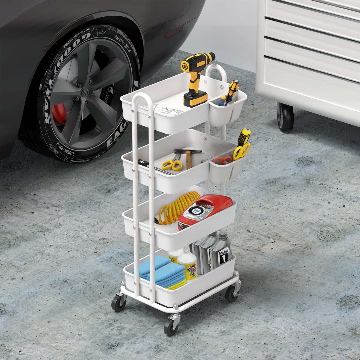 Simple Houseware 4-Tier Rolling Utility Cart with Hanging Buckets, White