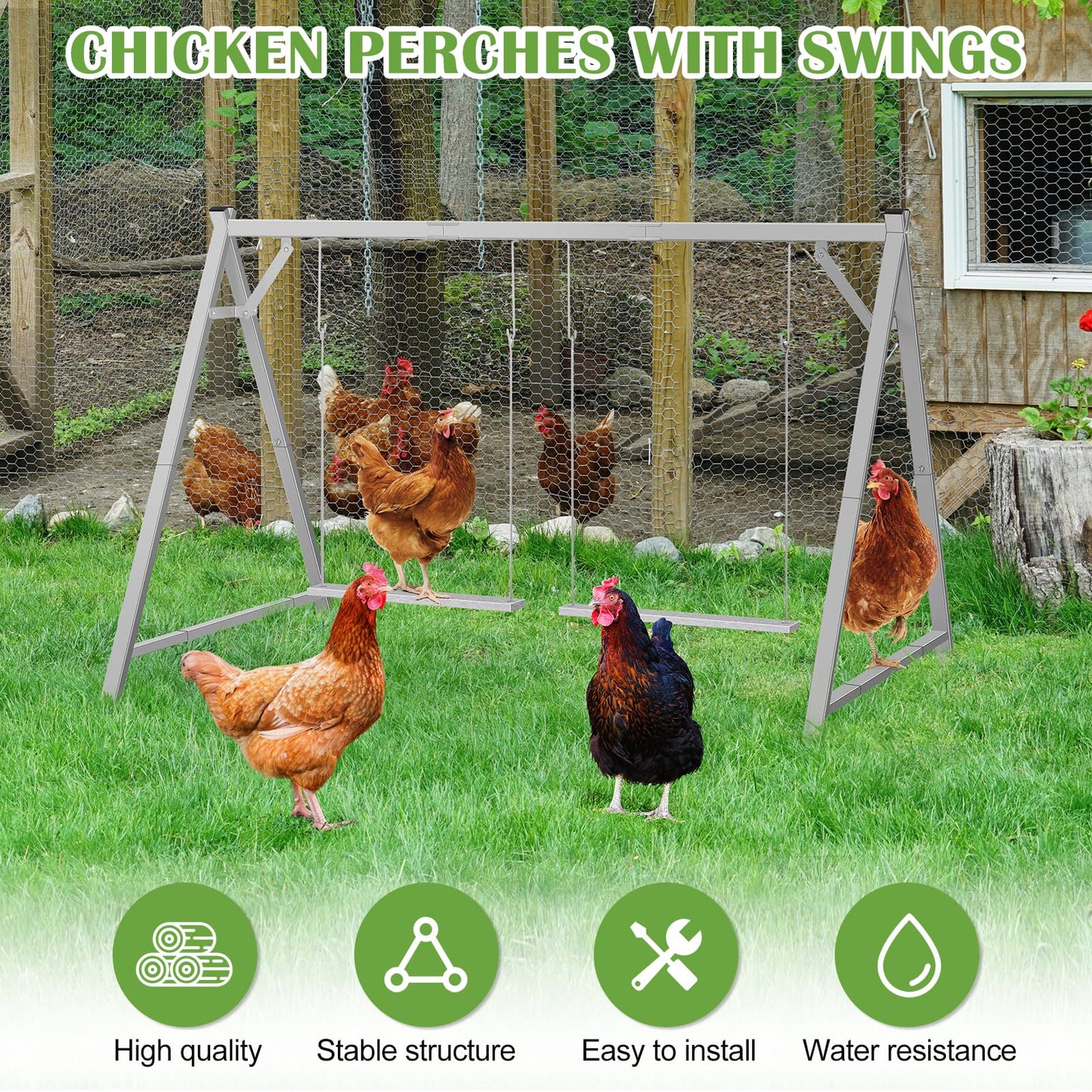 Chicken Roosting Bars Chicken Perch with 2 Swings, Chicken Roost Activity Play for Coop Accessories, Farm Enrichment Toys for Poultry Hens Healthy and Happy