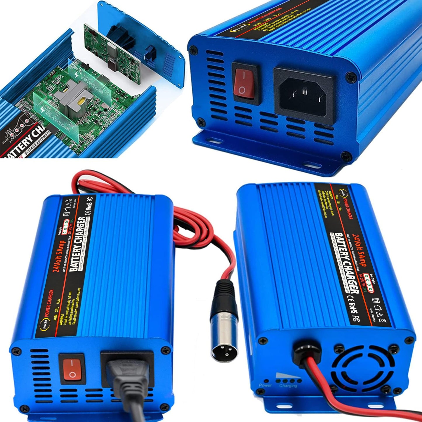 24V Battery Charger Automatic smart Charger 5A trickle Charger and I/O Switch 3 pin XLR Connector for Charging AGM Gel Lead-Acid Batteries for Cars wheelchairs Boats