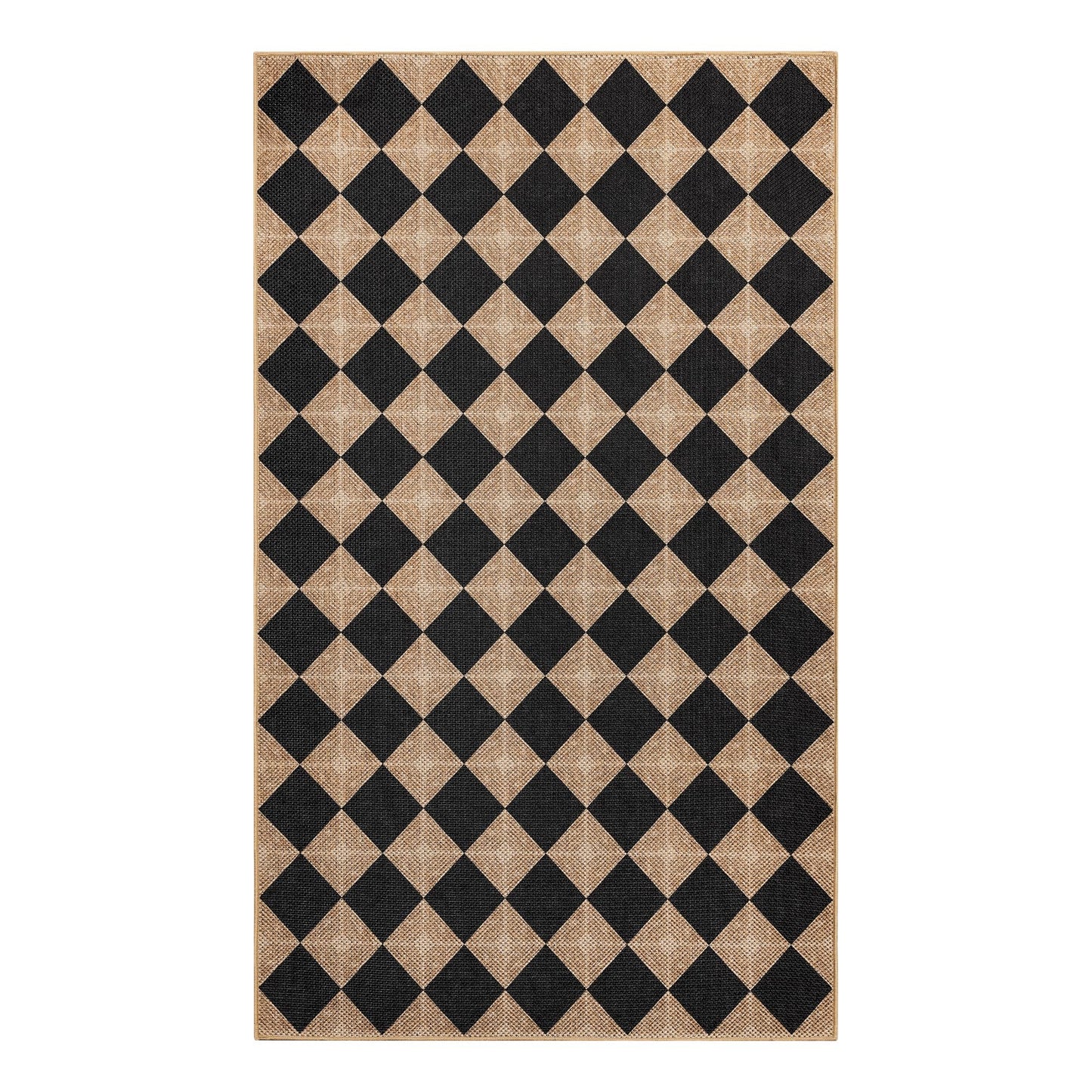 Dadasgk Checkered Easy Jute 3x5 Outdoor Patio Rug, Washable Non Slip Rugs for Entryway,Textured Diamond Indoor Outdoor Living Room Carpet, Farmhouse Neutral Black Door Rug for Backyard Bedroom