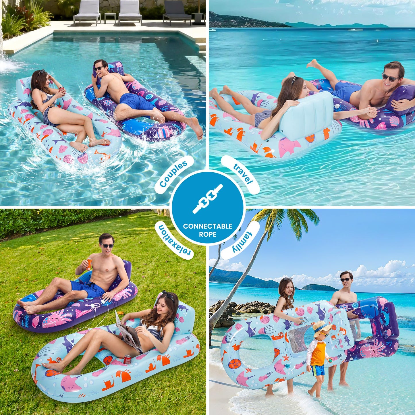 PuppyuWill 2 Pack Pool Floaties for Adults,Inflatable Pool Lounger Float Heavy Duty with Cup Holder, Backrest & Footrest Pool Lounge Float Extra Large Pool Rafts for Adults Beach Lake Party