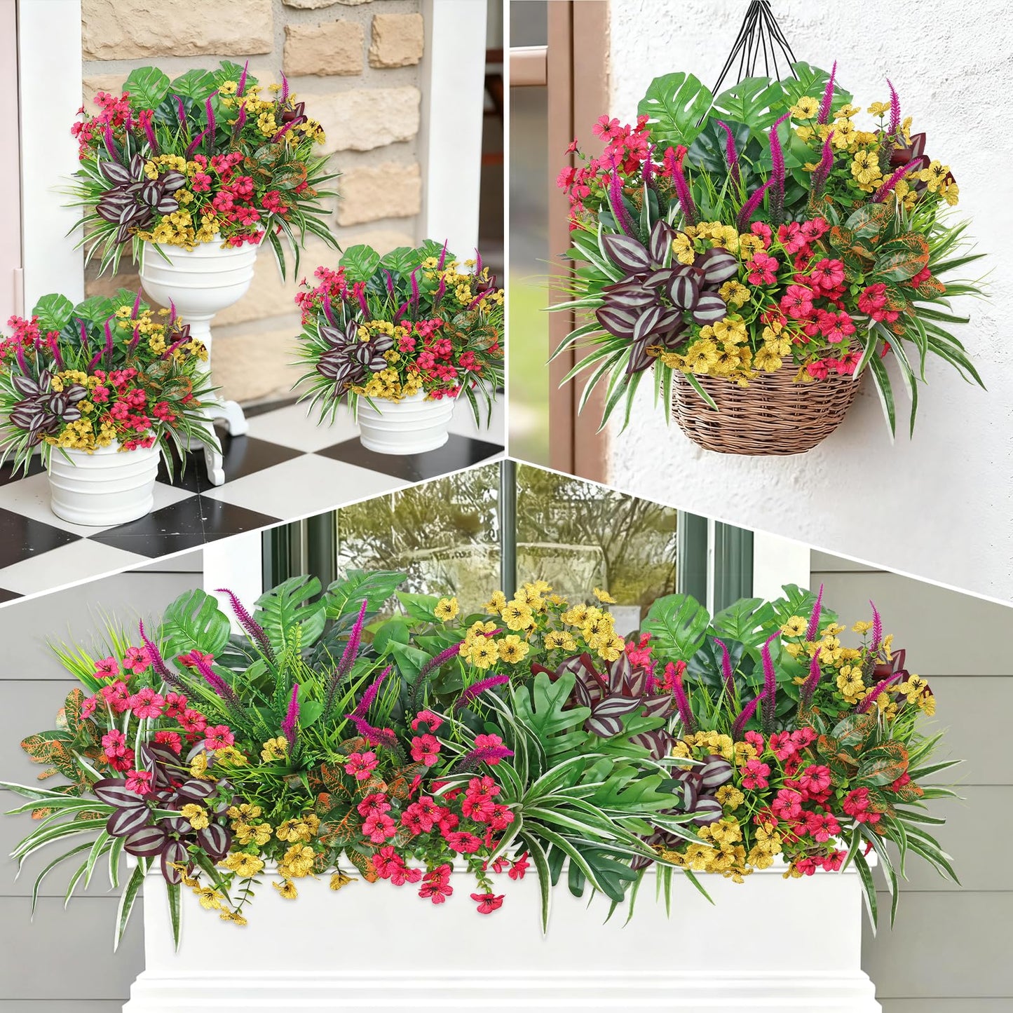 Dremisland 20 Bundles Artificial Plants Outdoor UV Resistant Artificial Fake Flowers Greenery Stems Faux Shrubs Plastic Boxwood Plants for Porch Planter Window Box Home Spring Summer Decor