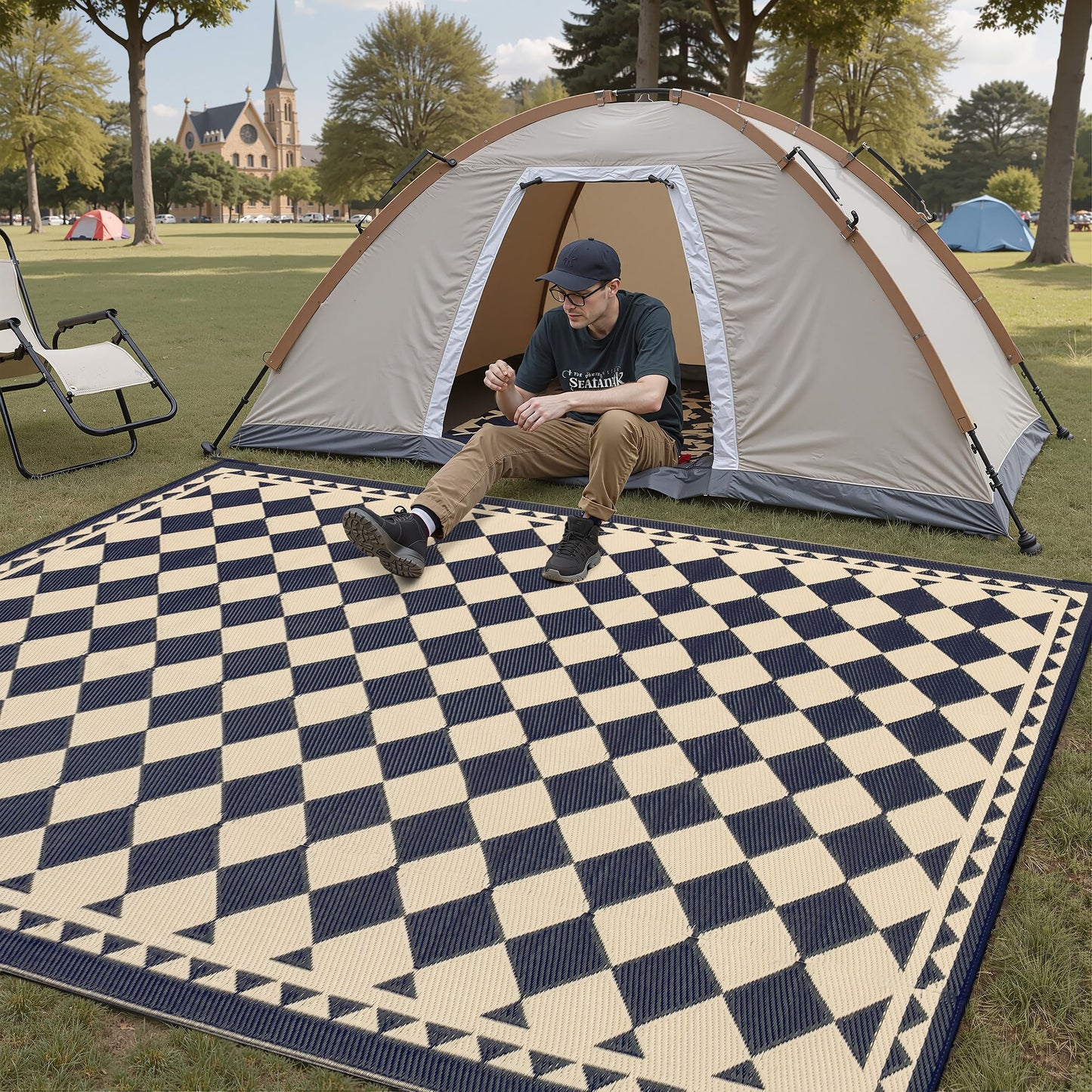PureCozy Outdoor Carpet 5x8 Patio Waterproof Non Slip Outdoor Rugs Reversible Plastic Straw Portable Boho Checkered Tapis Mat for RV Deck Camping Entryance Porch Picnic Balcony Beach