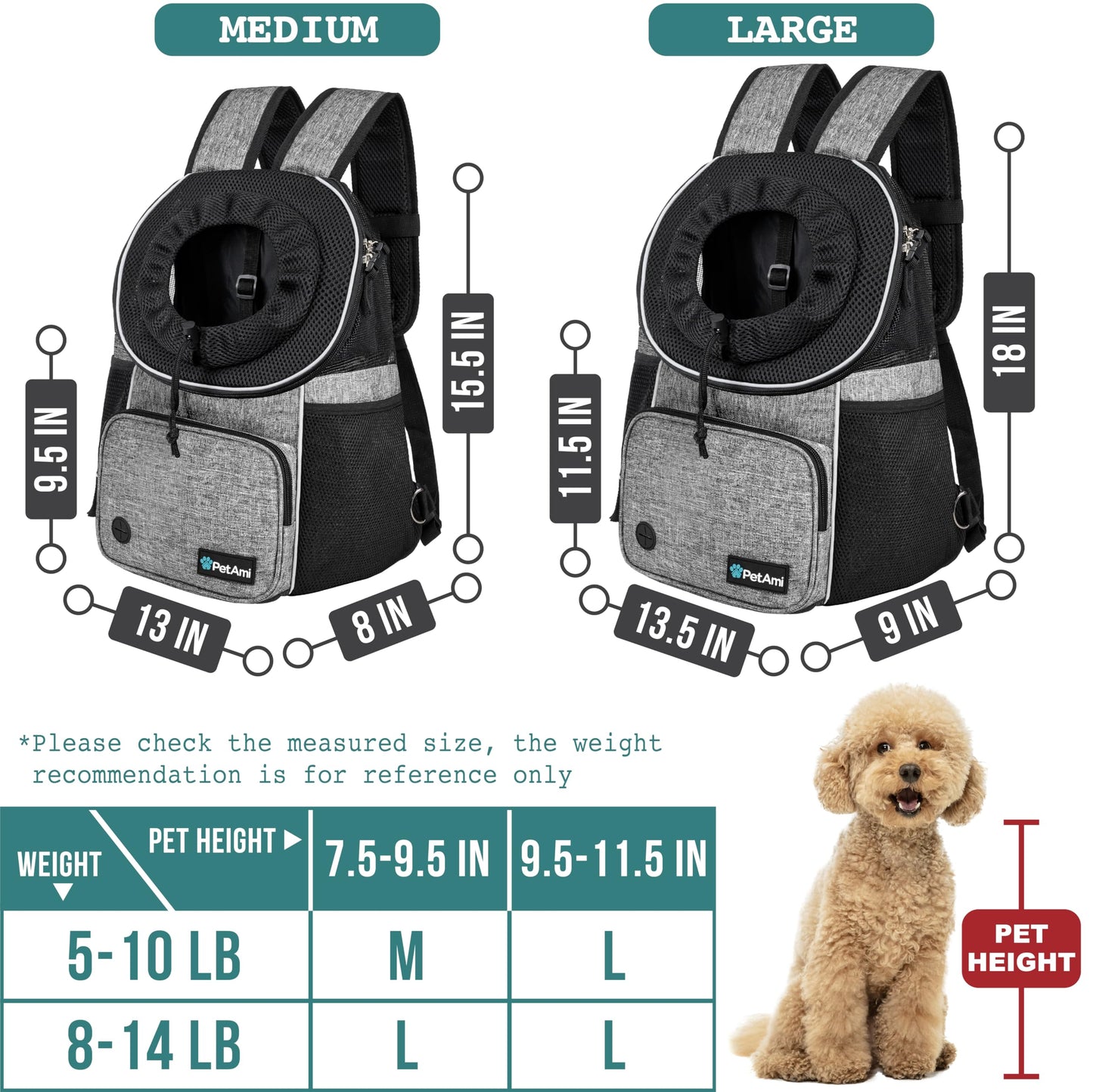 PetAmi Front Carrier Backpack for Dogs and Cats, Adjustable Ventilated Pet Chest Carrier for Hiking, Camping, Travel - Small to Medium Pets, Max 15 lbs, Gray