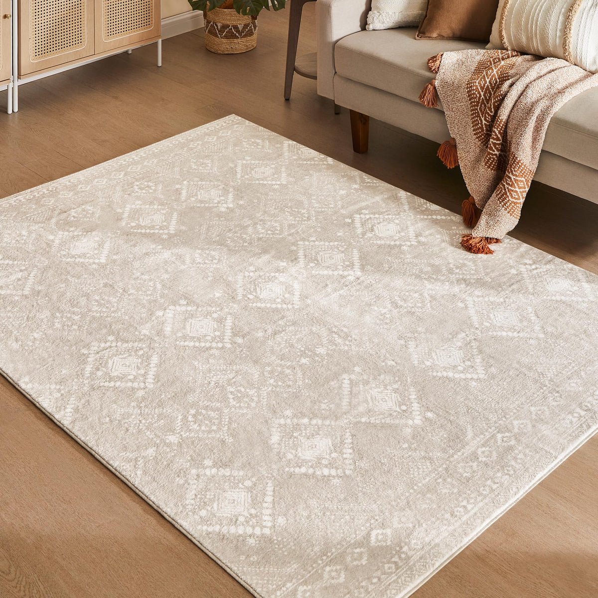 SONGMICS HOME Area Rug, 5x7 ft Rug for Bedroom, Non-Slip Carpet, Home Decor, for Living Room, Machine Washable, Boho Style, Cappuccino Beige UTAR023K01