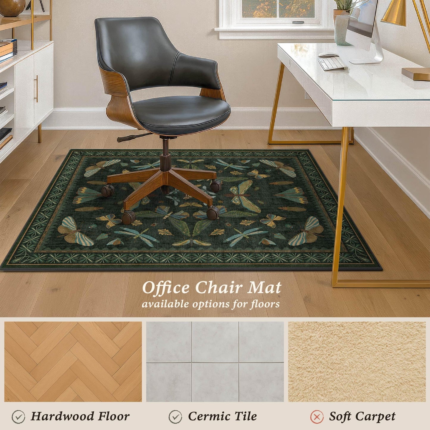 3'x4' Dark Green Office Chair Mat for Computer Gaming Chair, Slip-Resistant Heavy Duty Office Chair Rug, Hardwood & Tile Floor Protector, Washable Ultra Soft Low Pile Bug Rug