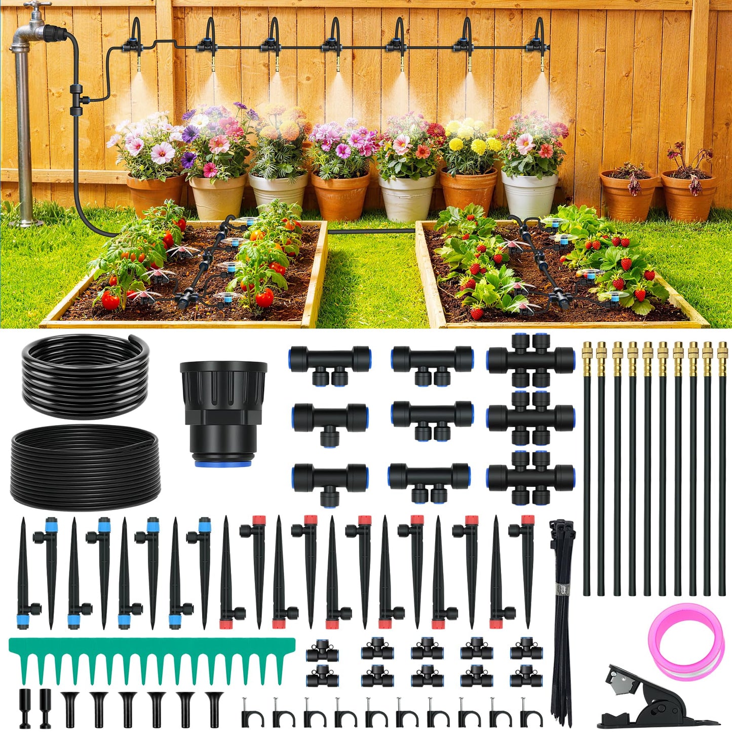 Irrigation System Garden, DIY Automatic Garden Watering Systems with Push-Fit Connectors, Water-Saving Design Sprinkler System, 3 Adjustable Nozzles for Yard, Greenhouse, Lawn & Potted Plants (100FT)
