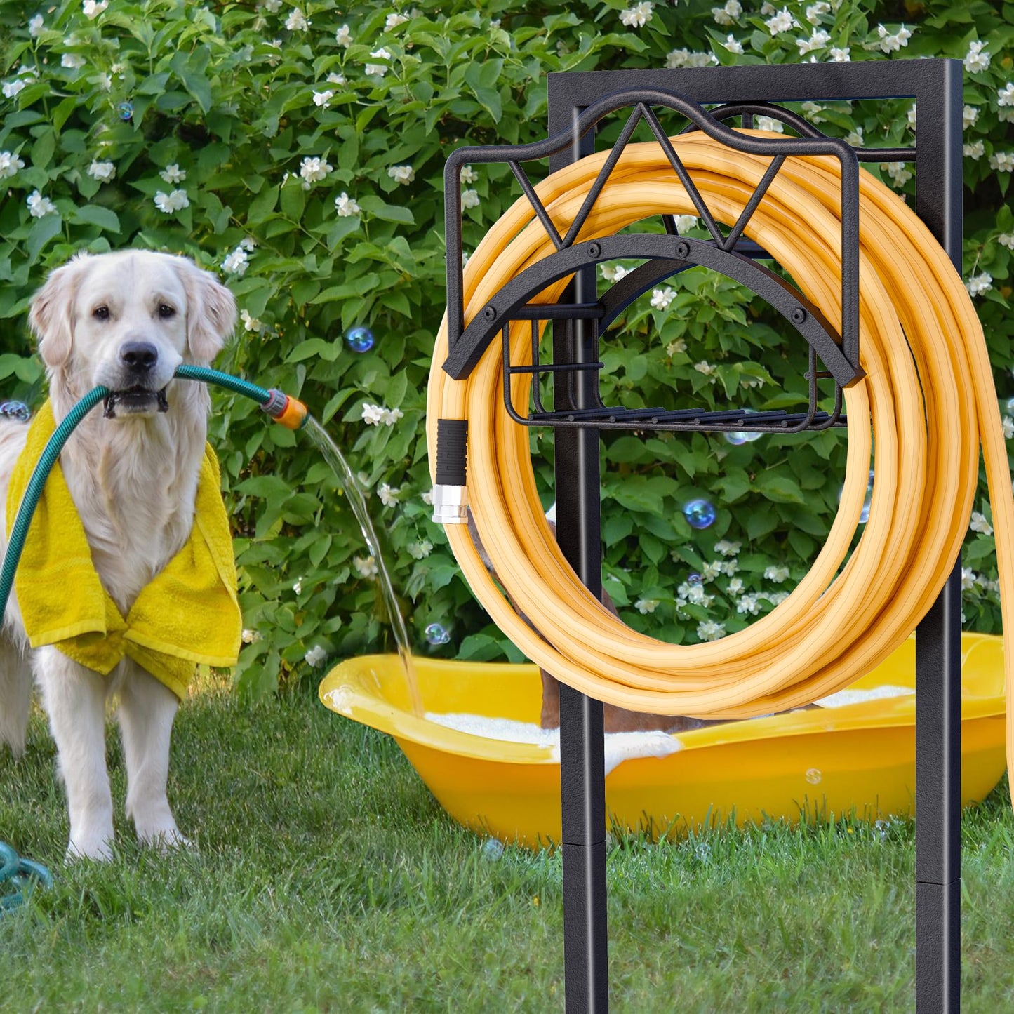 AMDERVEN Garden Hose Holder for Outside - Freestanding Metal Stand With 5 Spikers and Basket, Outdoor Heavy Duty Reel, Holds 150-feet, Black