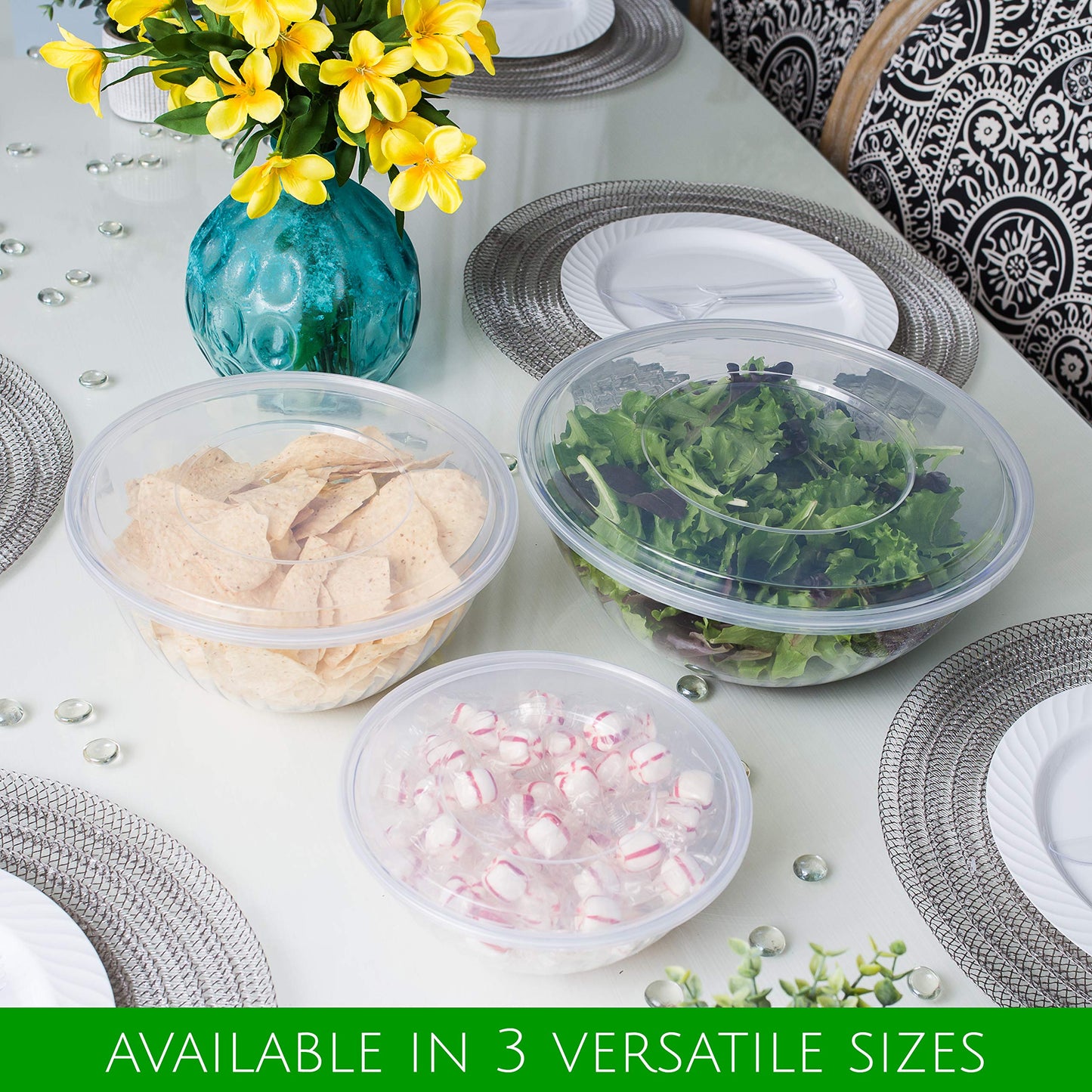 PLASTICPRO Disposable 150 Ounce Round Crystal Clear Plastic Serving Bowls, With Lids Party Snack or Salad Bowl, Chip Bowls, Snack Bowls, Candy Dish, Salad Container Pack of 4