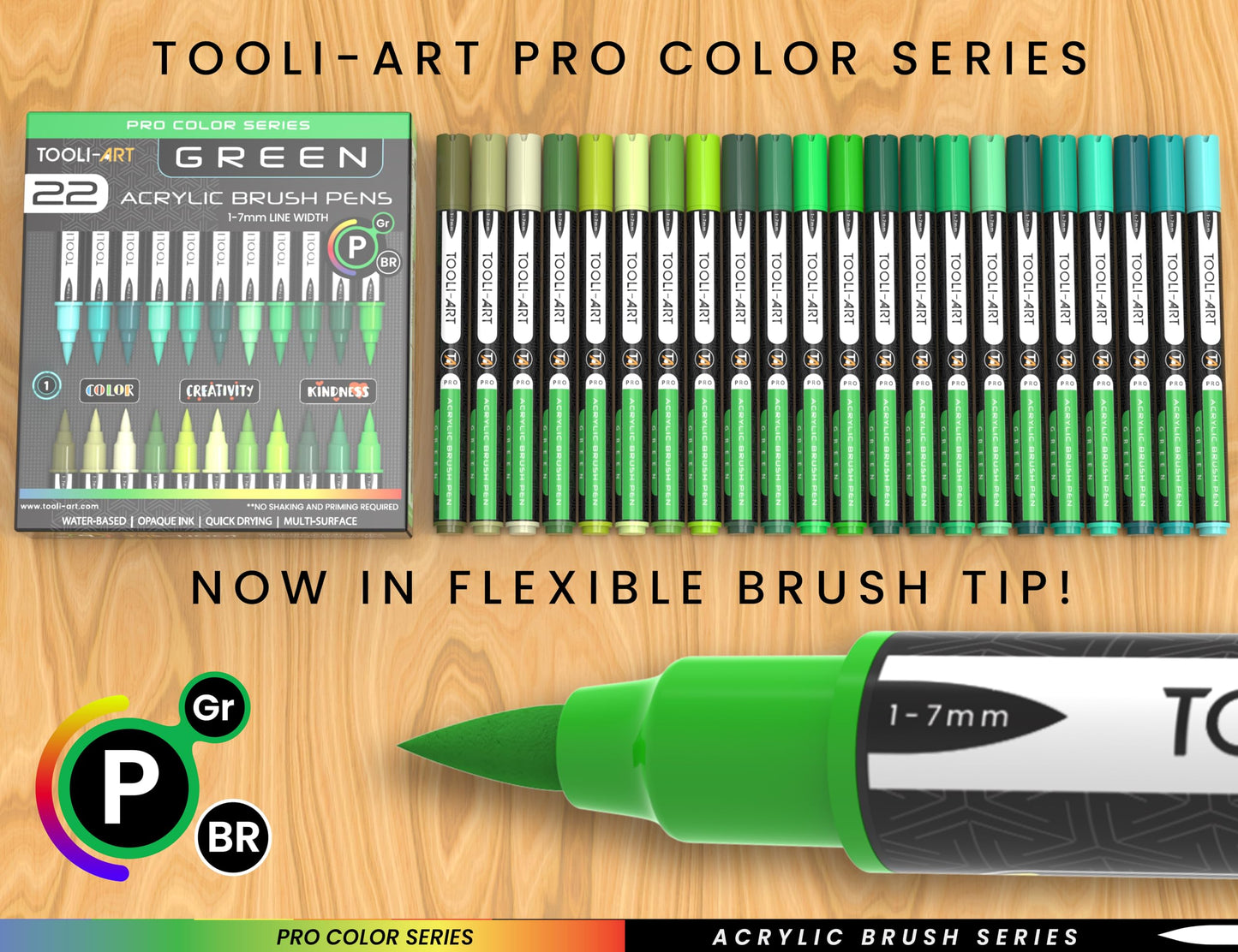 22 Flexible Brush Tip Green Tones Acrylic Paint Pens Markers Set 1-7mm Line for Rock Painting, Brush Lettering, Glass, Mugs, Wood, Metal, Canvas, Fabric, Plastic. Non Toxic Waterbased Quick Drying