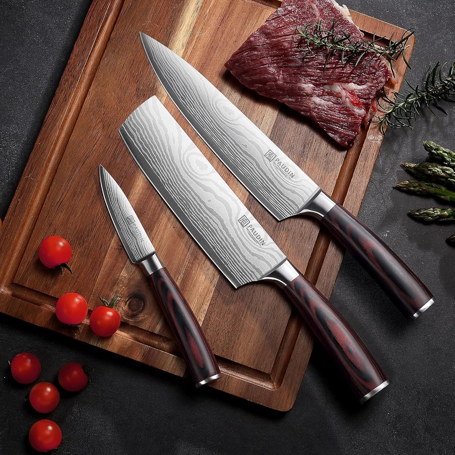 PAUDIN Kitchen Knife Set, Professional Knives Set, Chef Knife Set with Sharp High Carbon Stainless Steel Blade and Pakkawood Handle, Japanese Knife Set with Gift Box (3 PCS Knife Set)