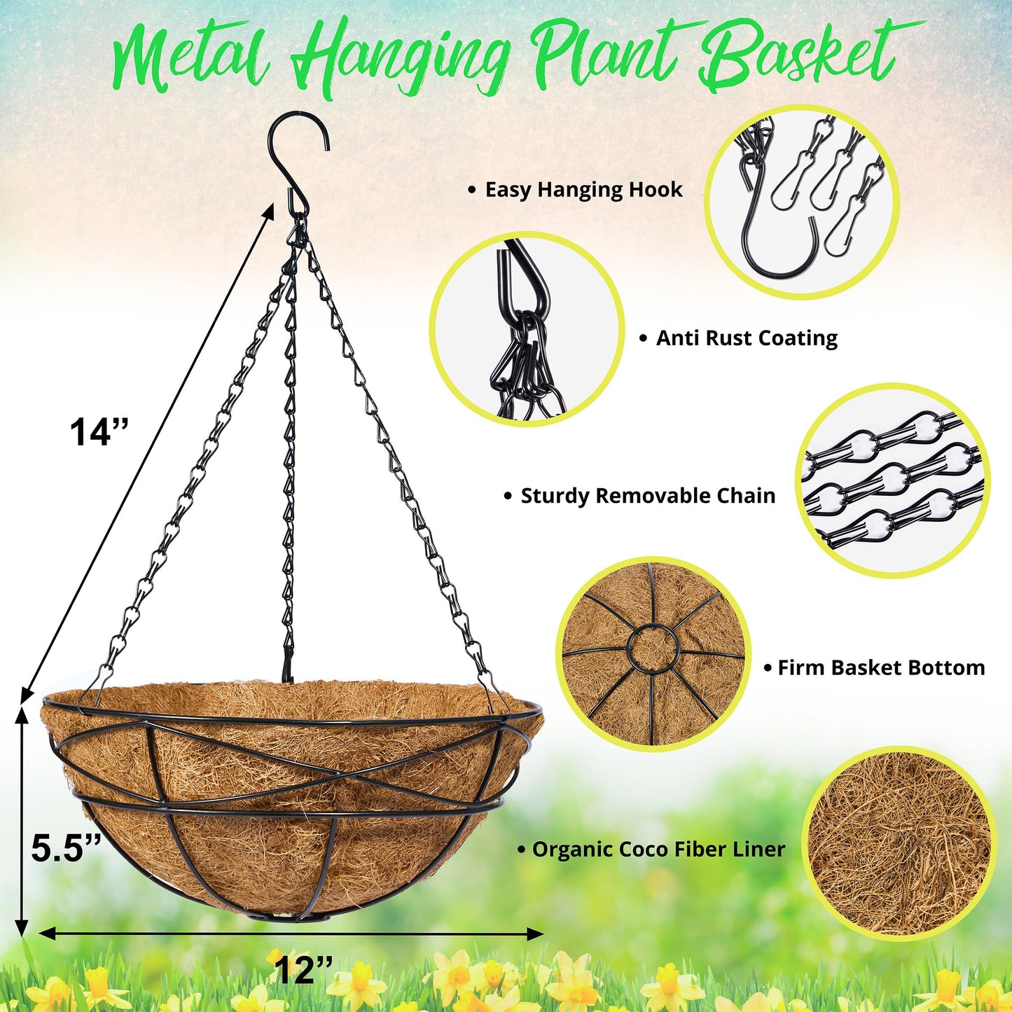 Sorbus Planter Basket Set Hanging Flower Pot Basket & Liner for Indoor/Outdoor Garden Dãcor Perfect for Home Garden Patio Deck (4-Pack)