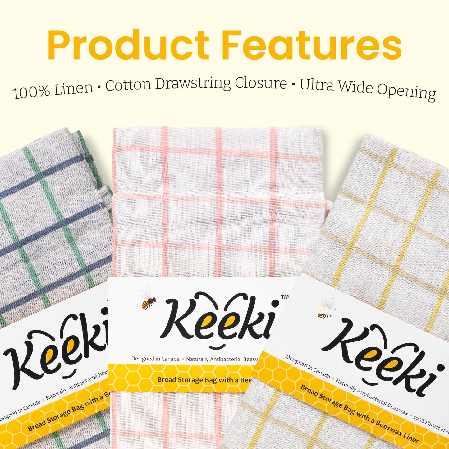 Keeki Bag - The Original Beeswax Lined Bread Bag for Homemade & Sourdough | Reusable Linen Bread Storage | Beeswax Wrap Alternative | Plastic-Free Storage w/Wide Opening & Drawstring Closure (Yellow)
