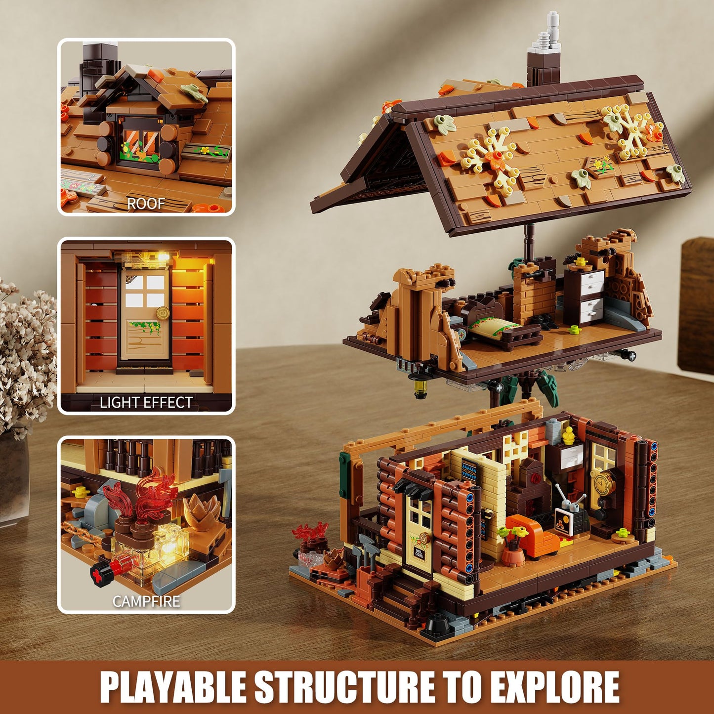 TYCOLE Wood Cabin Building Blocks Set with LED Lights,Wooden Forest House Building Toys,STEM Treehouse Architecture Model-Compatible Brick Set,Birthday Gift for for Adults Boys Age 8-12(1969Pcs)