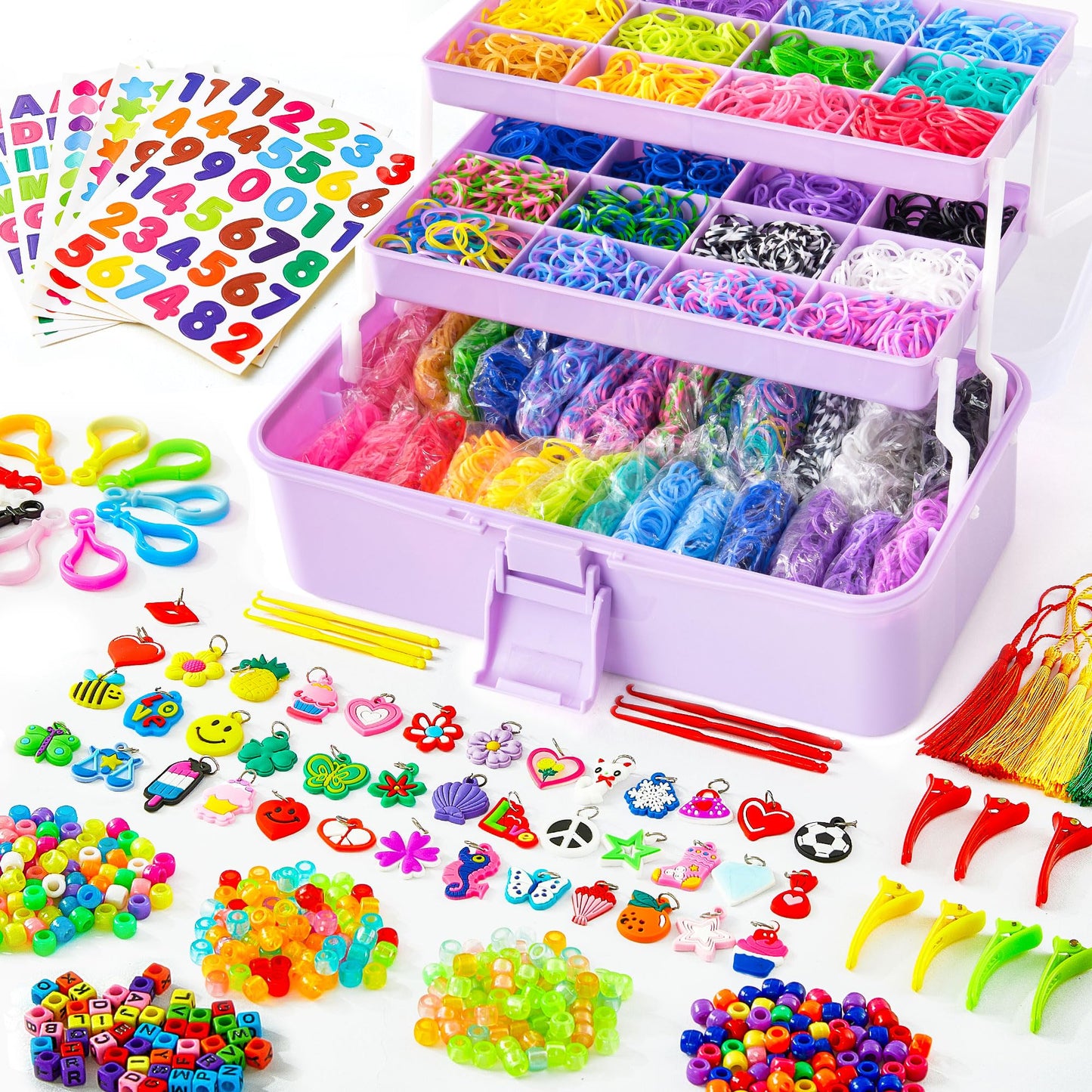 17500+ Rubber Loom Bands with 3 Layer Light Purple Container, 28 Colors, 600 S-Clips, 352 Beads, 40 Cartoon Pendant, Bracelet Making Refill Kit for Kids
