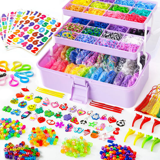 17500+ Rubber Loom Bands with 3 Layer Light Purple Container, 28 Colors, 600 S-Clips, 352 Beads, 40 Cartoon Pendant, Bracelet Making Refill Kit for Kids