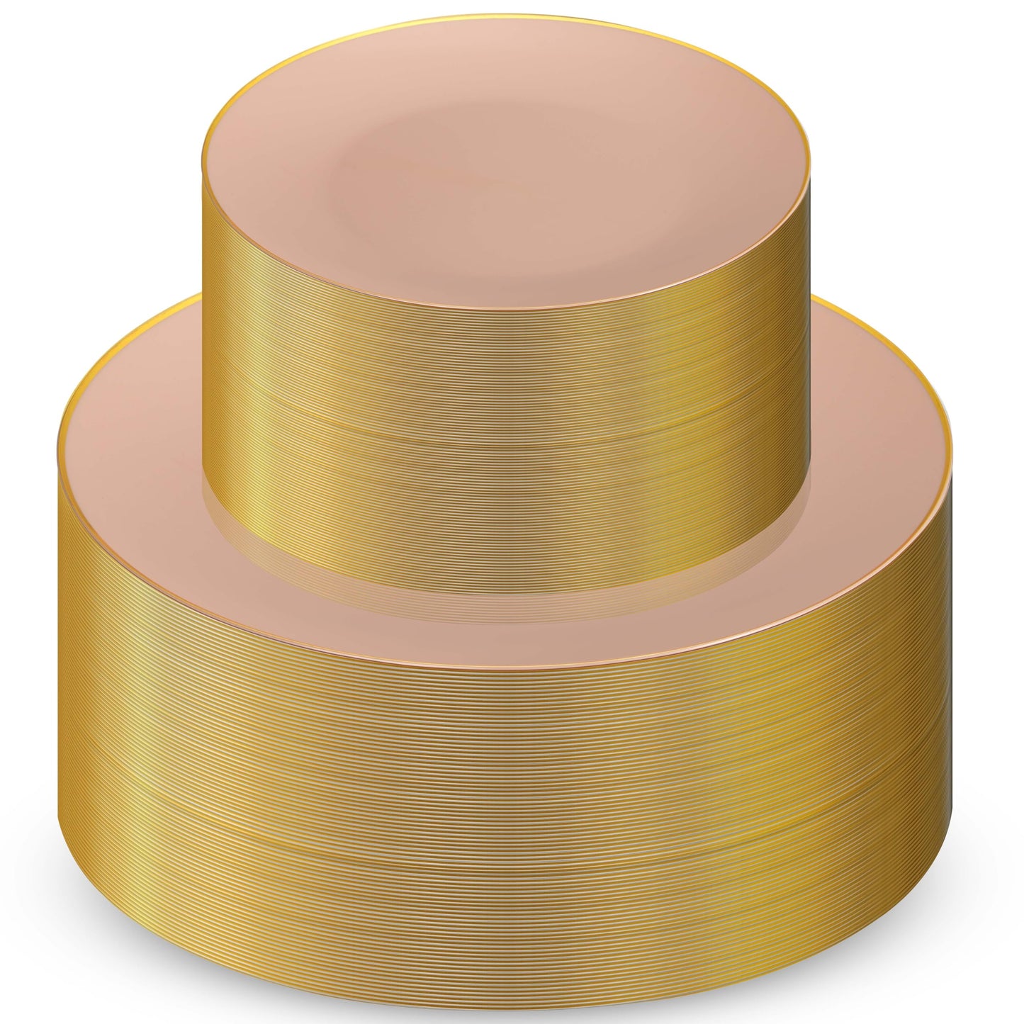Munfix 100 Pink Gold Plastic Plates Set, 50 Pcs 10.25 Inch Disposable Dinner and 50 Pcs 7.5 Inch Plastic Dessert Plates, Elegant Fancy Heavy Duty for Party, Wedding, Pink with Gold Rim