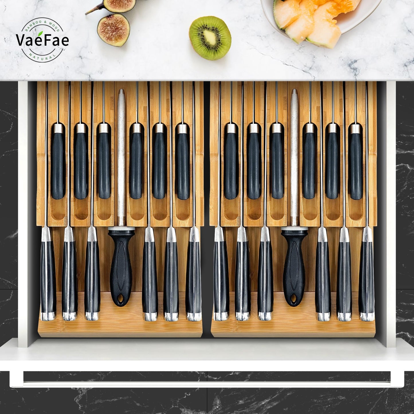 VaeFae Bamboo Knife Drawer Organizer Insert, Kitchen Drawer Knife Block for 12 Knives and a Plus Slot for Your Knife Sharpener (Without Knives)