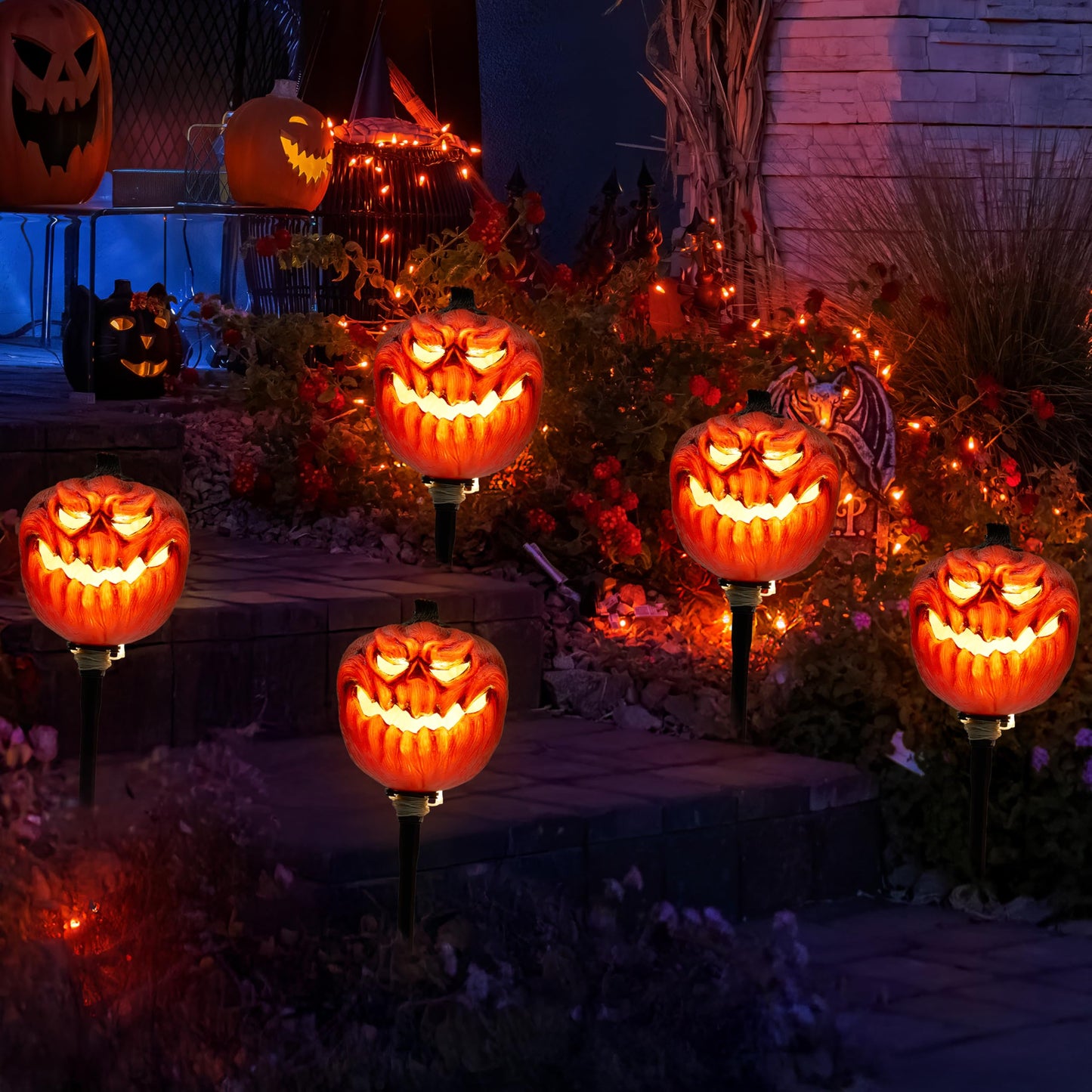 JOYIN 3 Pcs Halloween Outdoor Decorations Jack O Lantern Pumpkin Pathway Lights, Light-up Halloween Waterproof Path Maker Stakes for Graveyard Decoration Party Porch Yard Lawn Garden Decor