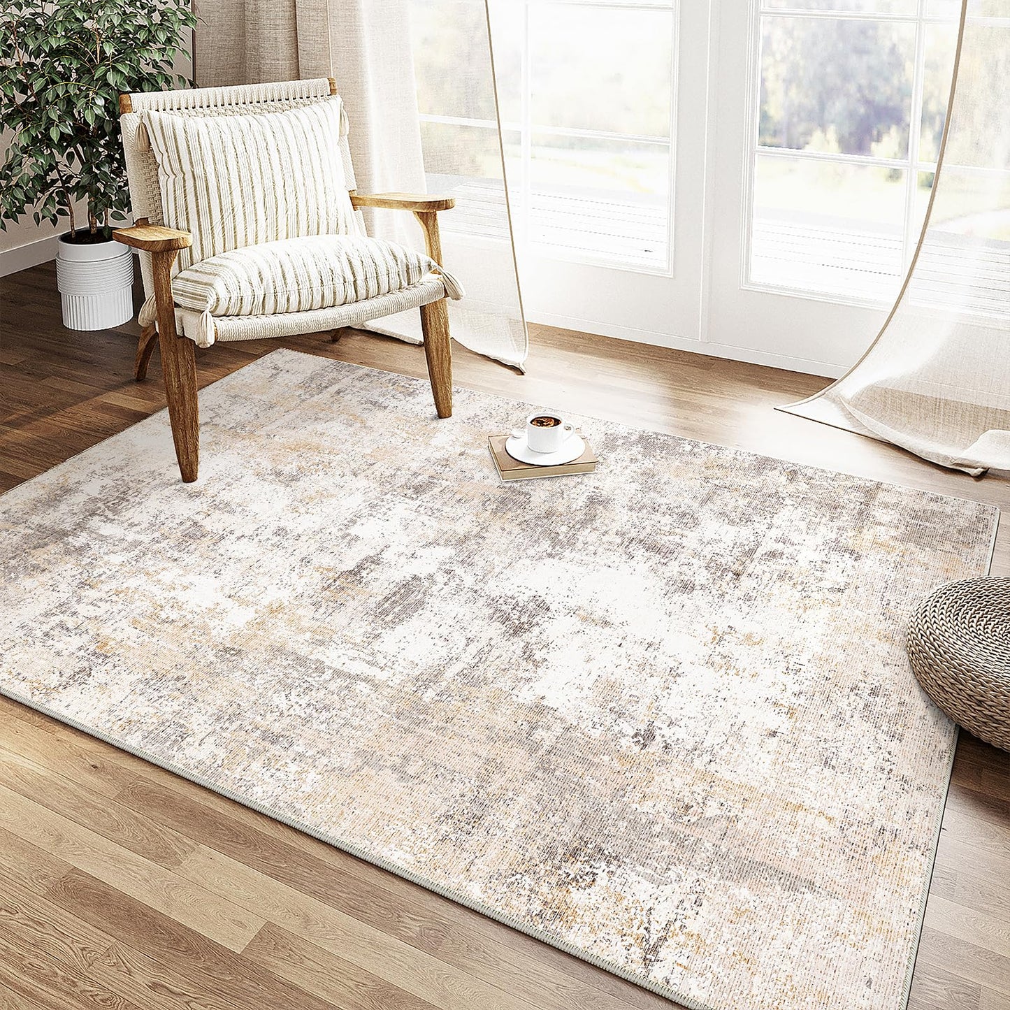 WondRg 3x5 Washable Area Rug for Entryway Non-Slip Beige Grey Neutral Carpet Low Pile Soft Thin Tapis Salon Abstract Modern Vacuumable Lightweight Small Door Mat for Entrance Kitchen Bedroom Indoor