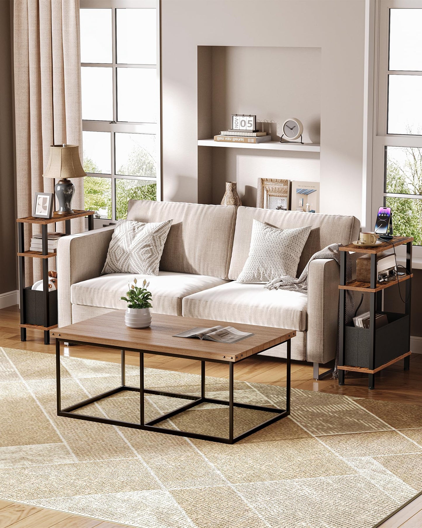 CHOEZON Narrow Side Table with Charging Station, Small End Table with Fabric Basket, Slim Nightstand for Small Spaces, Skinny Side Table, for Living Room, Bedroom, Rustic Brown and Black TBZ07UBF