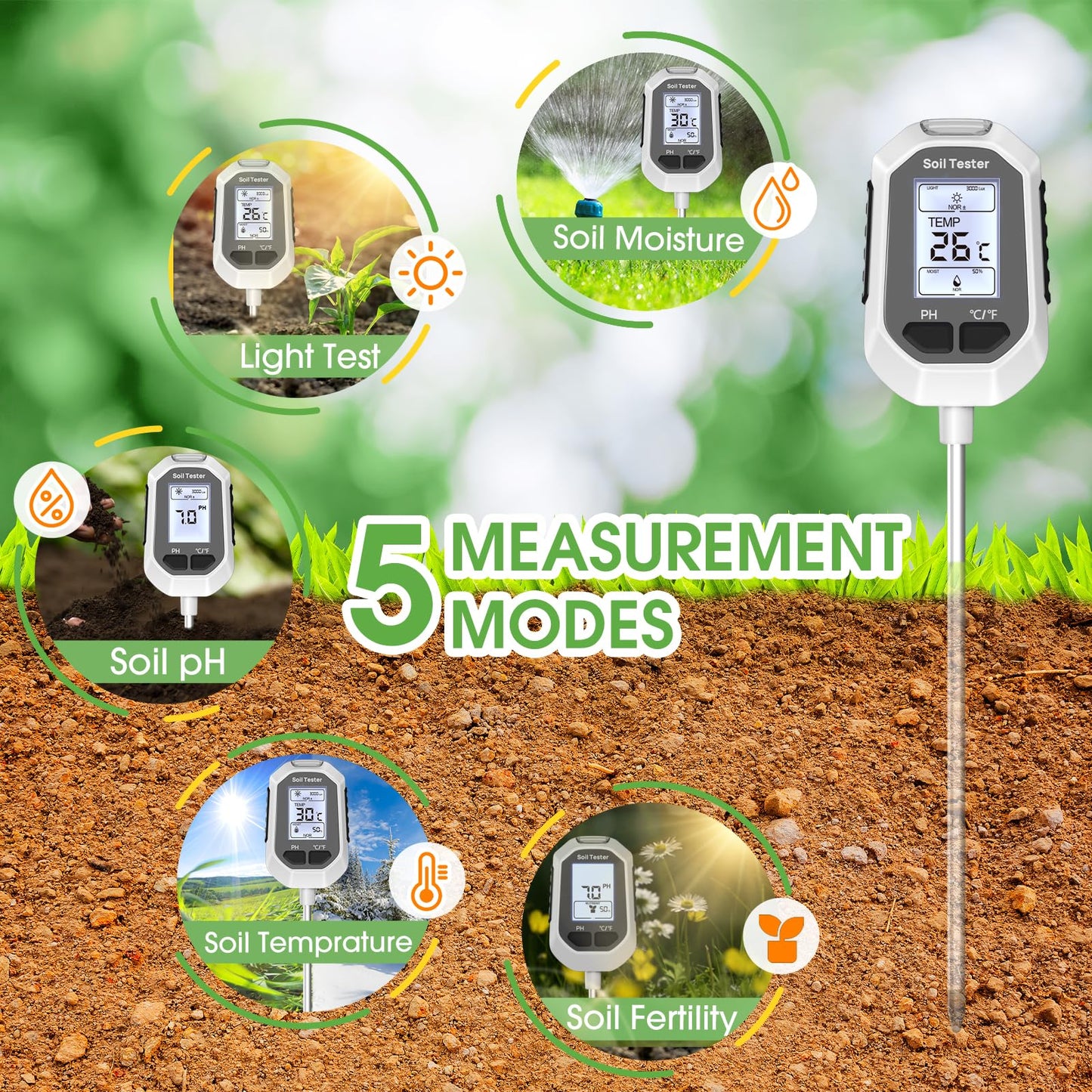 5-in-1 Soil Moisture Meter Digital Plant Temperature/Soil Moisture/PH Meter/Sunlight Intensity/Soil Fertility Backlight LCD Display Soil Test Meter for Gardening, Farming and Outdoor Plants