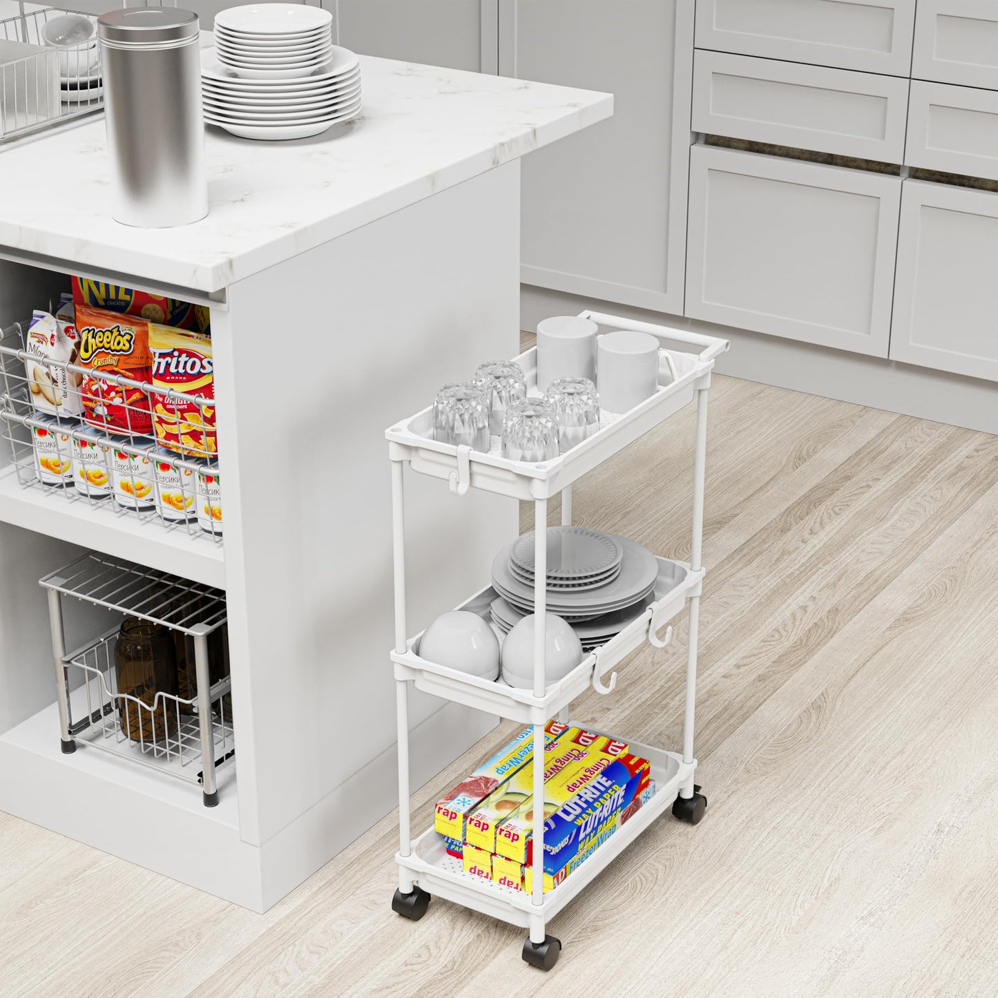 Simple Houseware 3-Tier Slim Storage Cart - Narrow Rolling Utility Cart on Wheels for Tight Spaces - Bathroom, Kitchen & Laundry Organizer, White