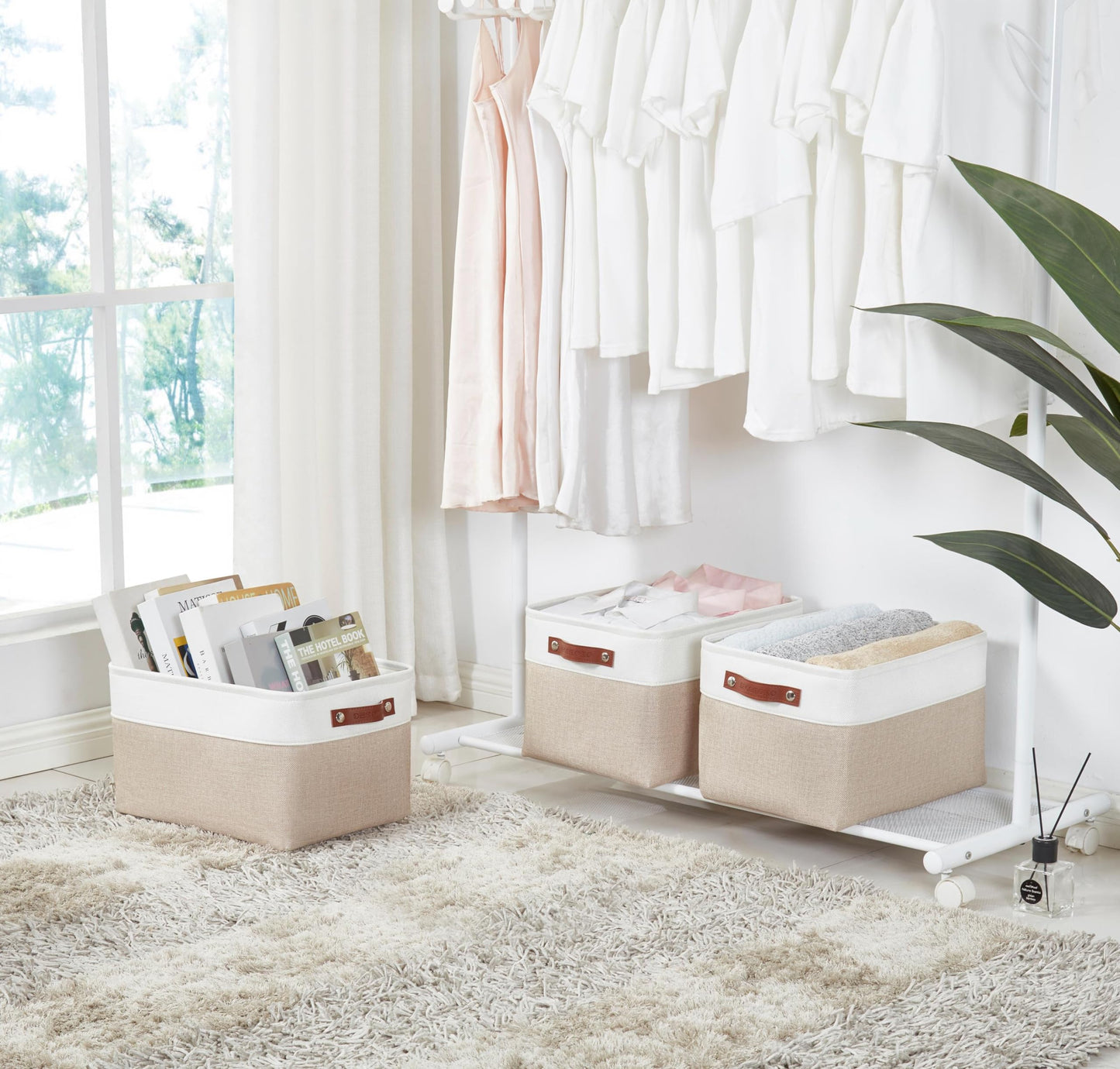 DECOMOMO Storage Bins Fabric Storage Baskets for Shelves, Linen Closet Organization Toys Nursery (Beige and White, Large - 3 Pack)