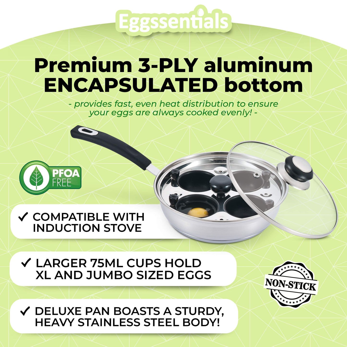 Egg Poacher Pan Nonstick Poached Egg Maker, Stainless Steel Egg Poaching Pan, Poached Eggs Cooker Food Grade Safe PFOA Free with Spatula